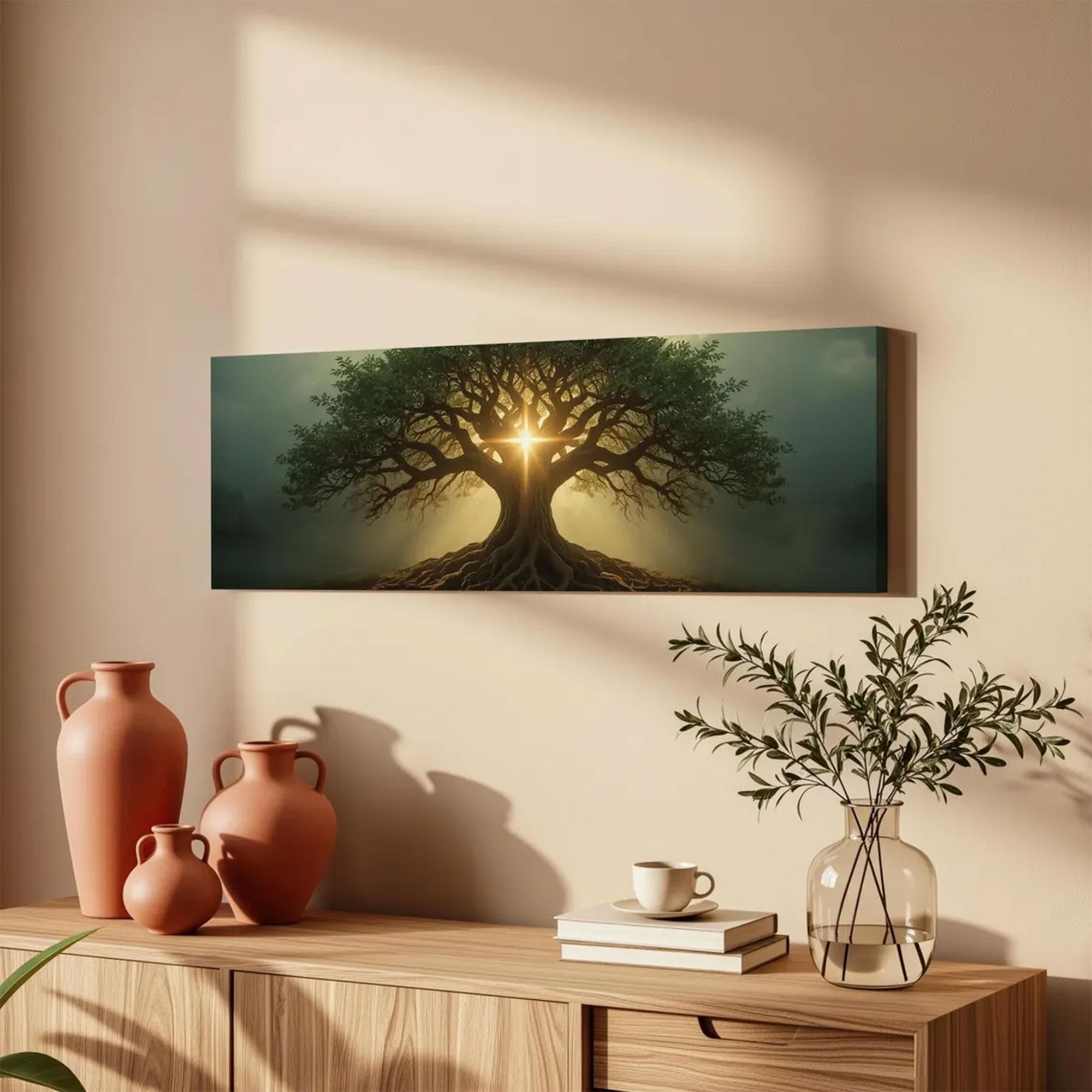 Tree of Life Cross Canvas Wall Art, Christian Light Scene, Faith Symbol Religious Home Decor
