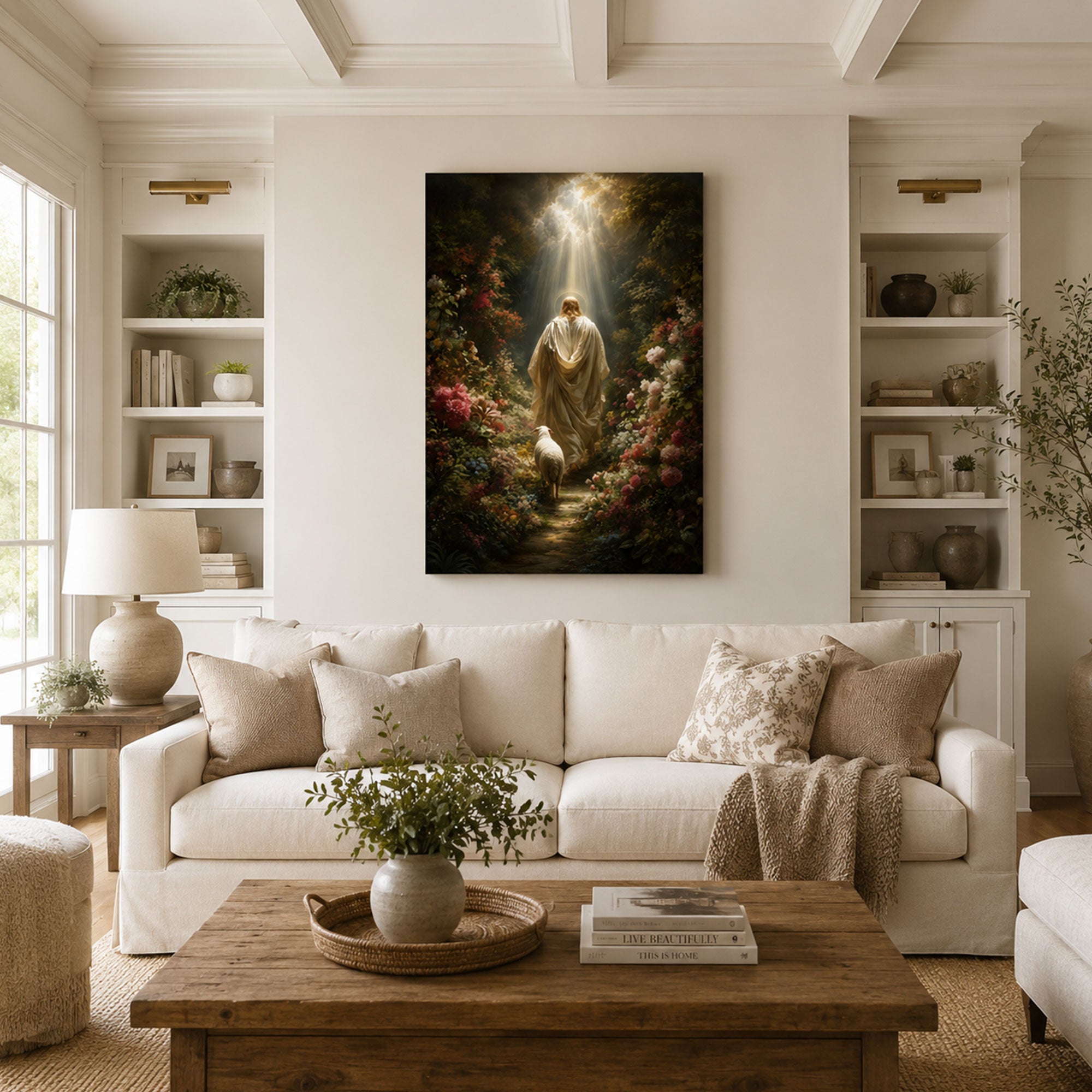 Jesus the Good Shepherd Canvas Print, Lamb and Garden Path Christian Wall Art, Faith Home Decor Gift
