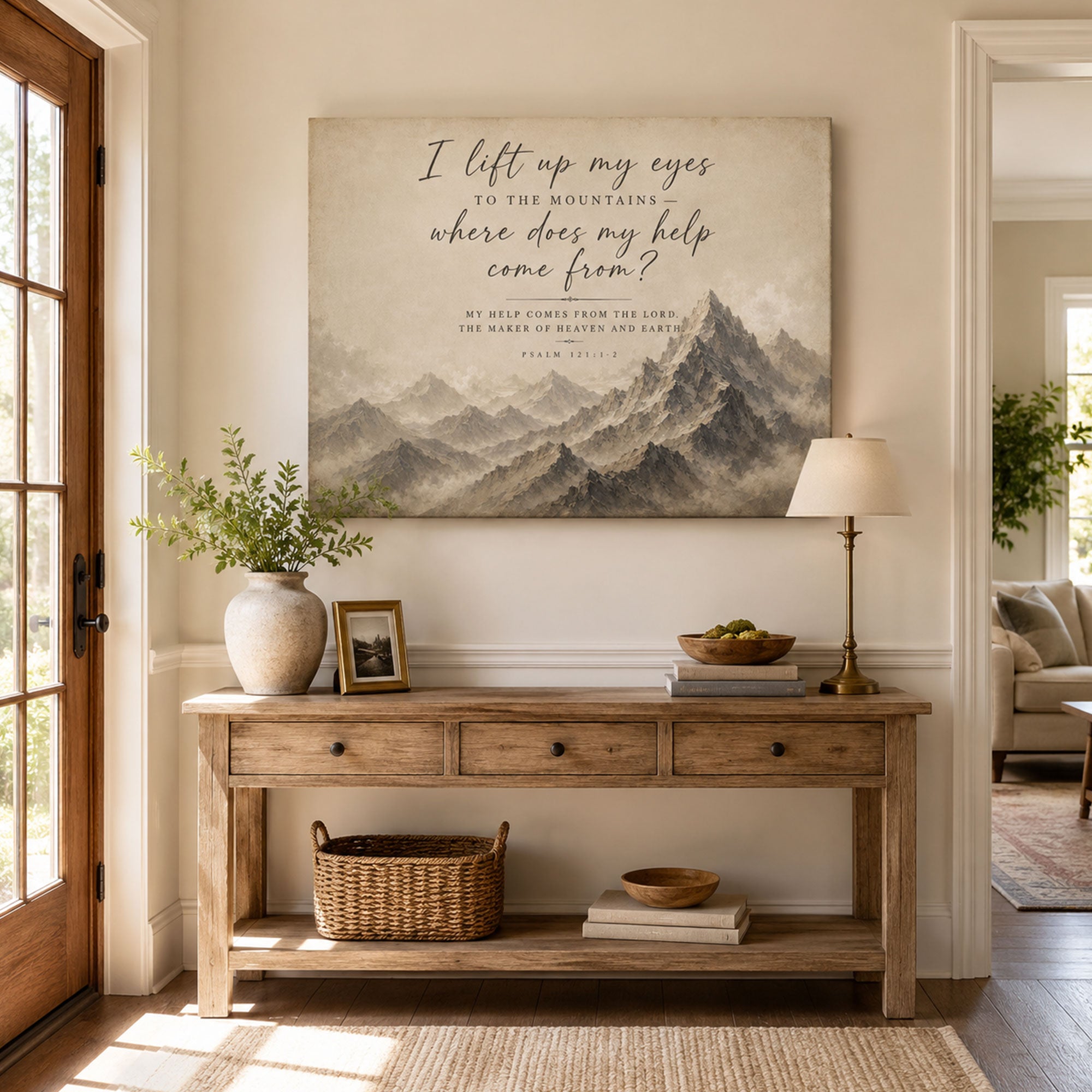 Psalm 121:1-2 Canvas Print, I Lift My Eyes to the Mountains Christian Scripture Wall Art, Faith Home Decor Gift