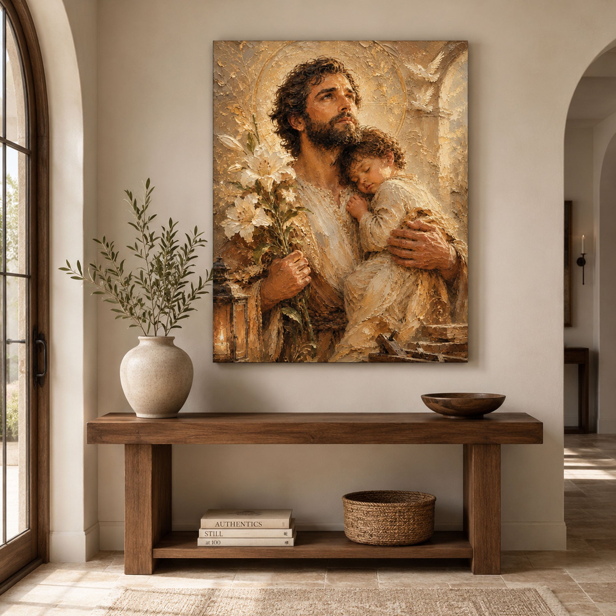 Saint Joseph and Baby Jesus Canvas Print, Catholic Wall Art, Christian Home Decor
