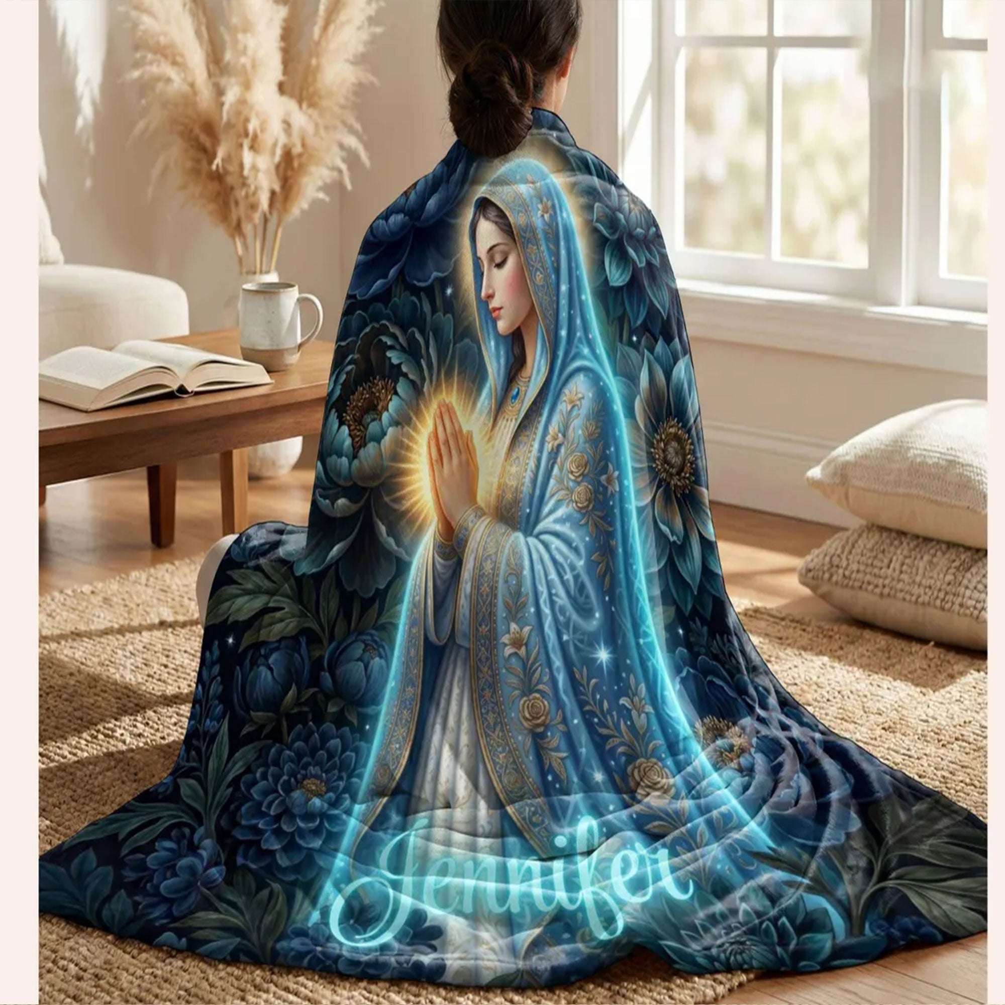 Personalized Virgin Mary Fleece Blanket, Catholic Prayer Throw, Blue Floral Christian Gift, Elegant Faith Decor for Mom or Grandma