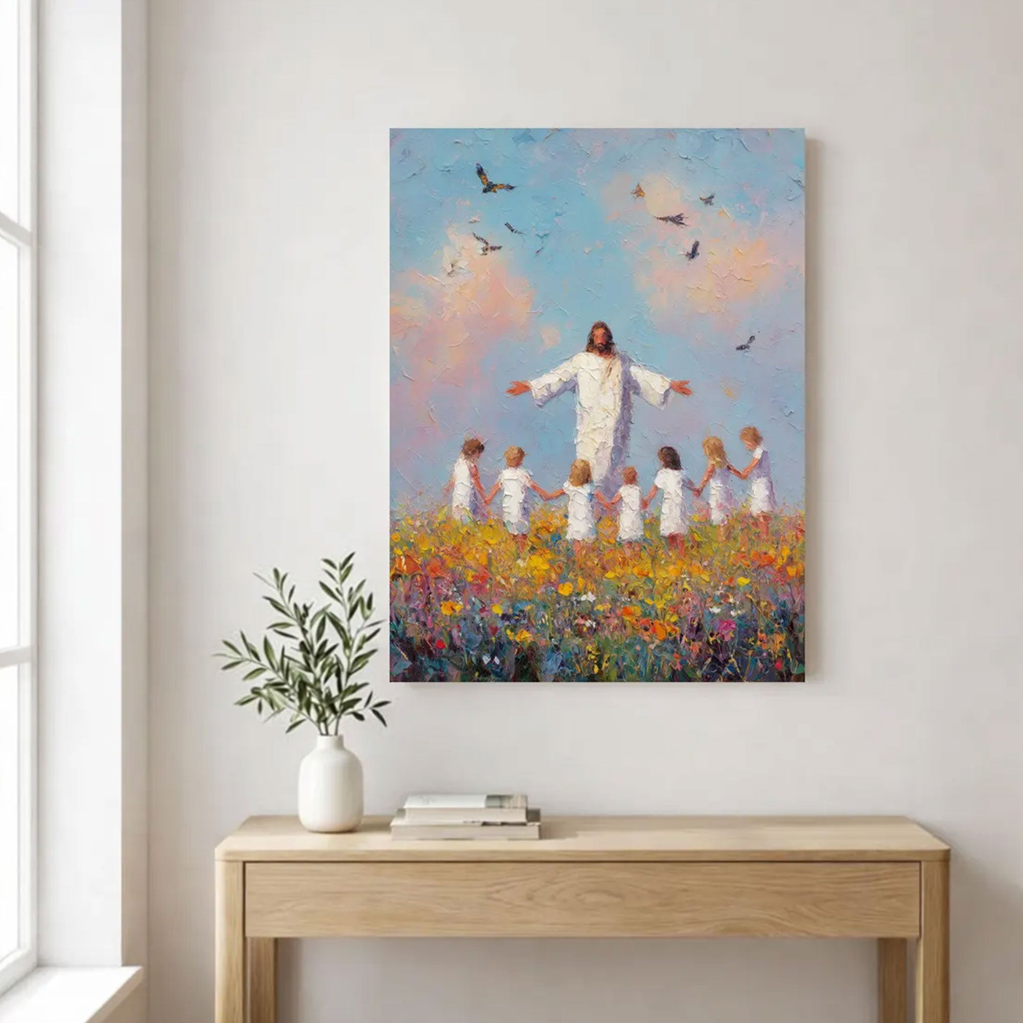 Jesus and Children Canvas Print, Colorful Christian Wall Art, Religious Home Decor