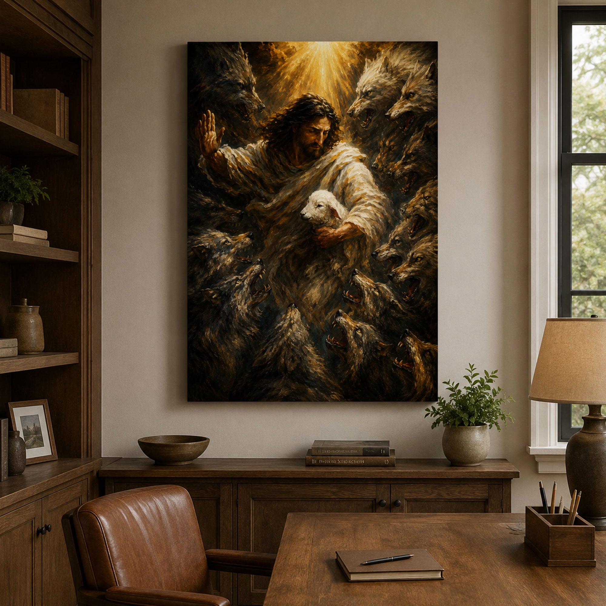 Jesus Protecting the Lamb Canvas Print, Good Shepherd Christian Wall Art, Faith Home Decor Gift