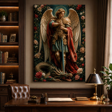 Saint Michael Archangel Canvas Print, Defeating Dragon Catholic Wall Art, Guardian Faith Home Decor