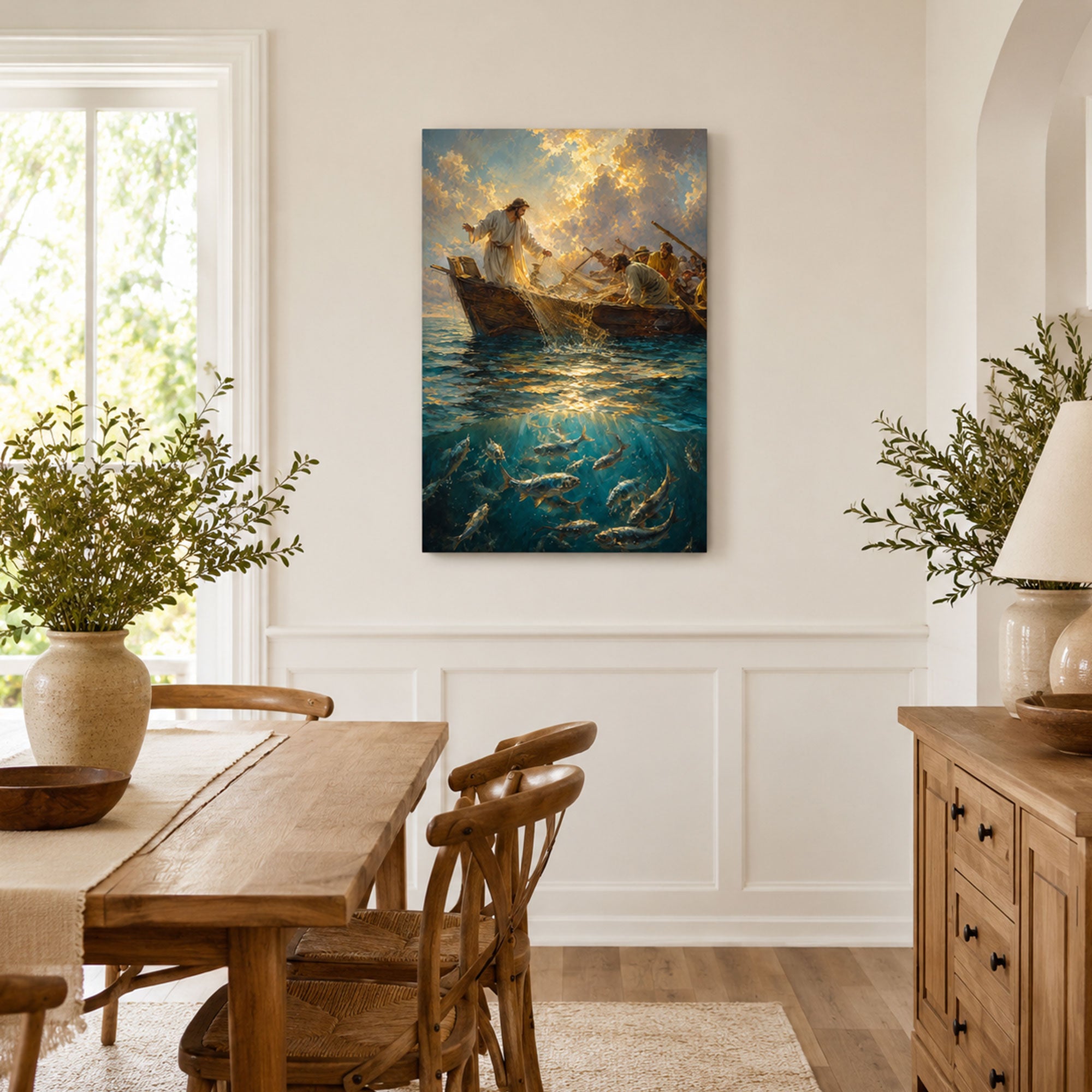 Miraculous Catch of Fish Canvas Print, Jesus and Fishermen Luke 5 Christian Wall Decor, Faith Gift