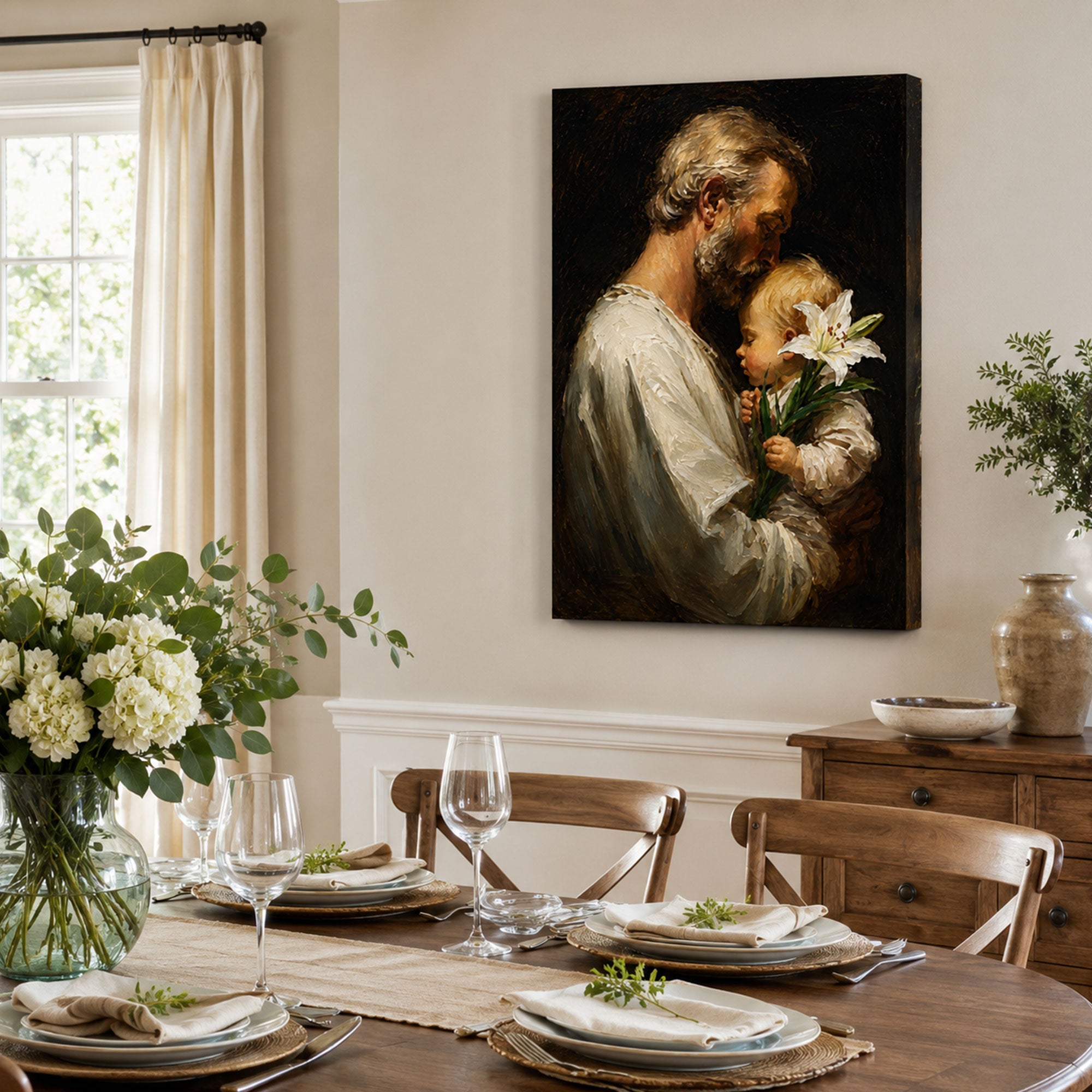 Saint Joseph with Child Jesus Canvas Print, Gentle Catholic Faith Decor