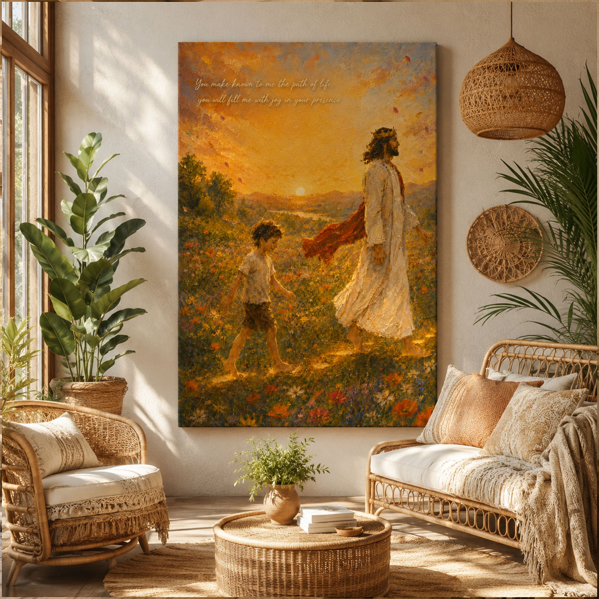 Impasto Jesus Walking With Child Canvas Print, Inspirational Christian Wall Art, Golden Sunset Faith Painting, Spiritual Home Decor
