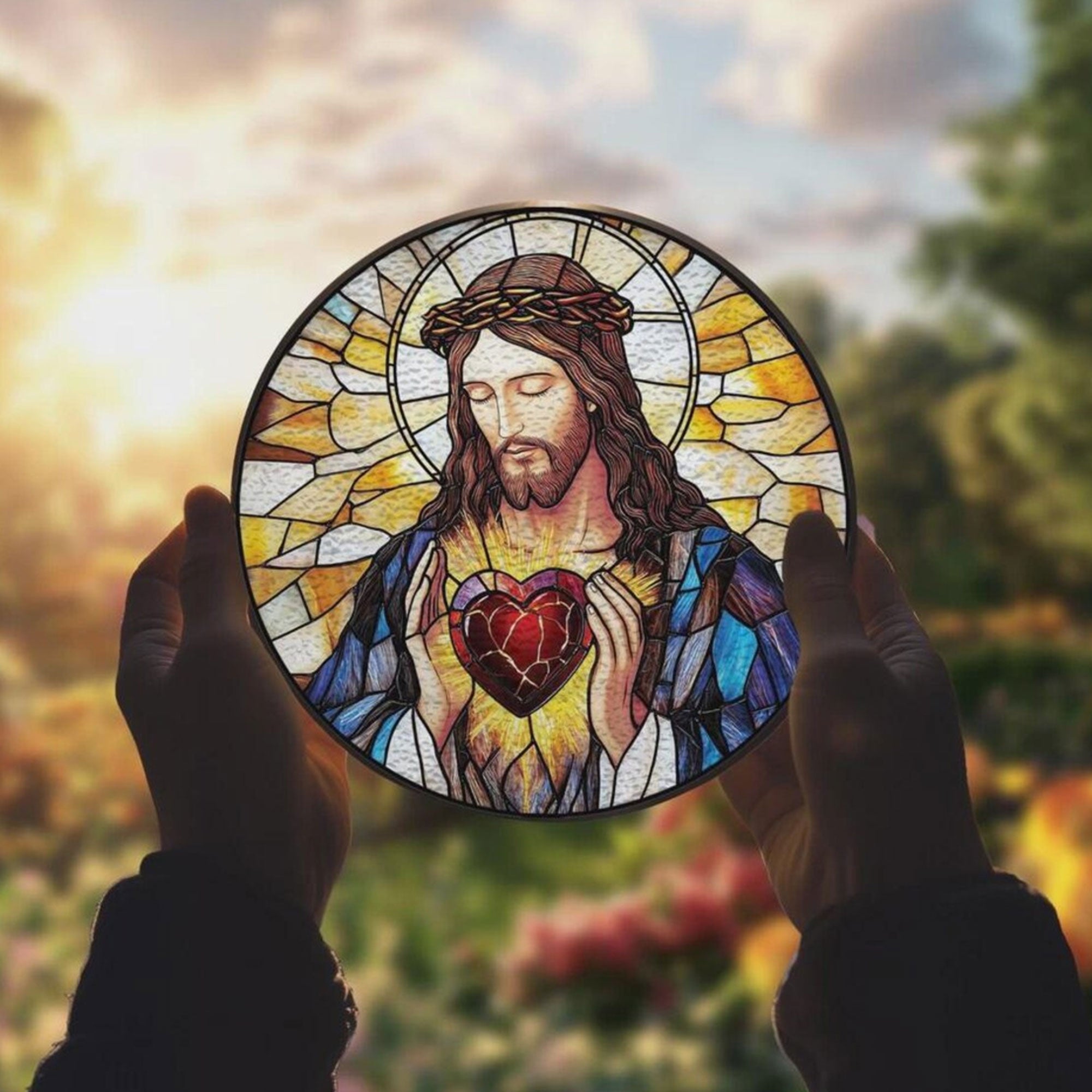 Sacred Heart of Jesus Stained Glass Suncatcher, Catholic Window Hanging Decor, Christian Religious Faith Gift for Mom Grandma