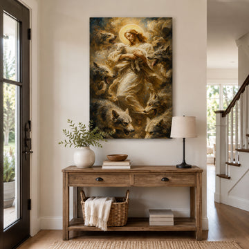 Jesus Protecting the Lamb from Wolves Canvas Print, Good Shepherd Christian Wall Decor, Faith Gift