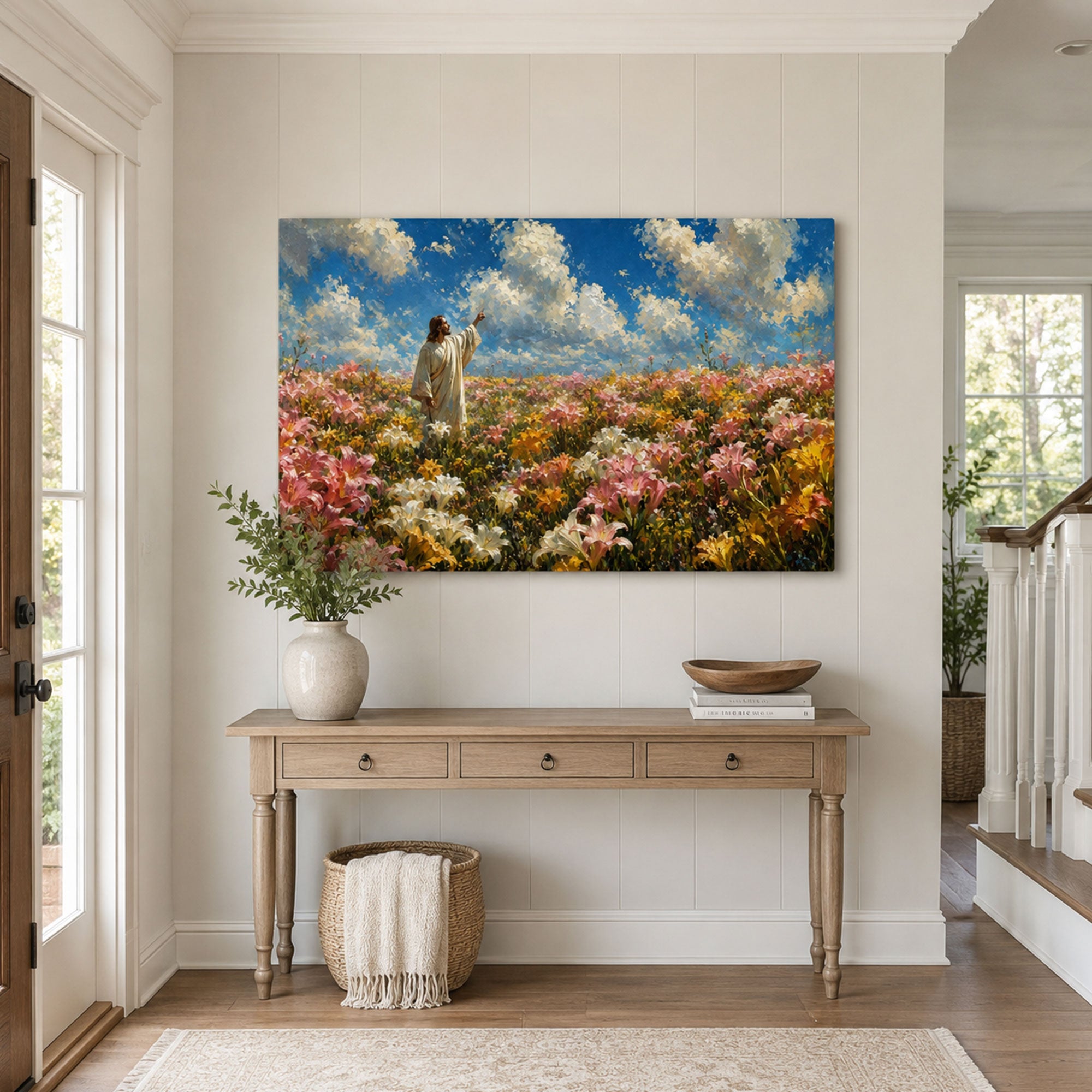 Jesus in a Field of Lilies Canvas Print, Christian Home Decor