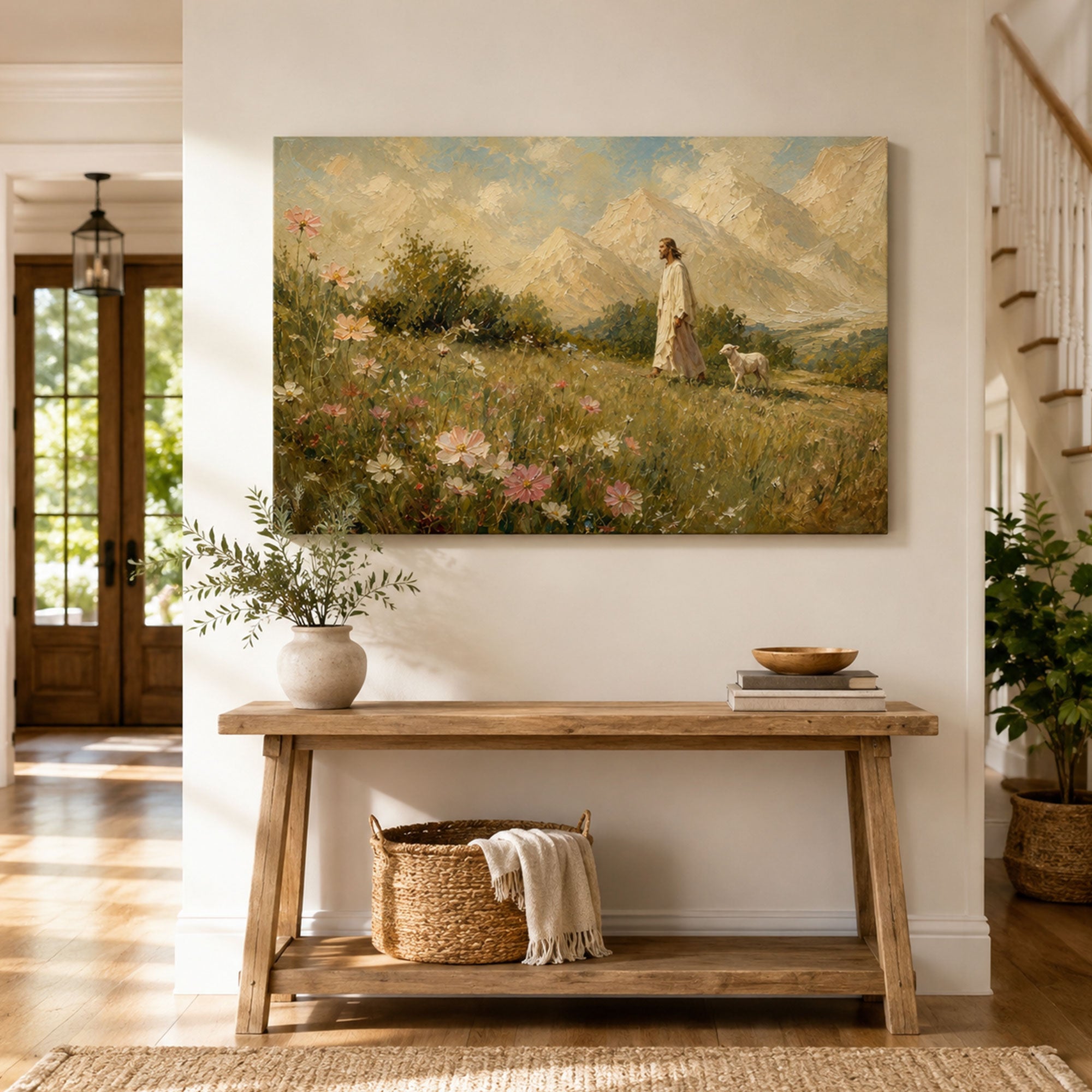 Good Shepherd Jesus Panoramic Canvas Print, Mountain Meadow Christian Wall Art, Faith Home Decor Gift