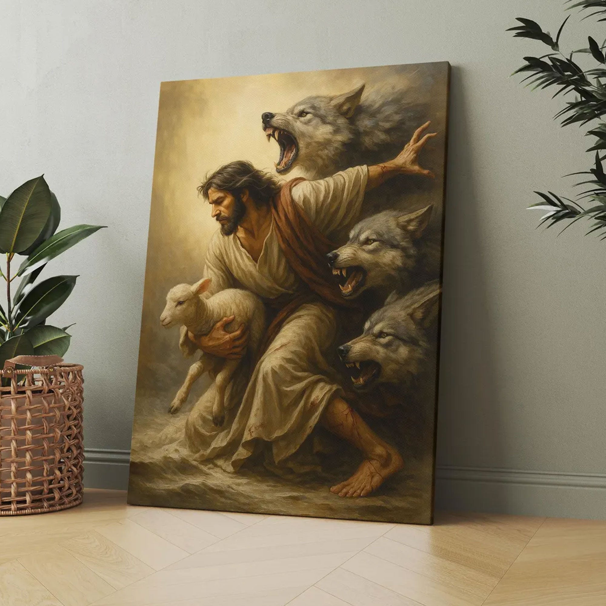 Jesus Protecting the Lamb Canvas Print, Christian Wall Art, Spiritual Decor, Jesus Saving Lamb Artwork, Religious Gift