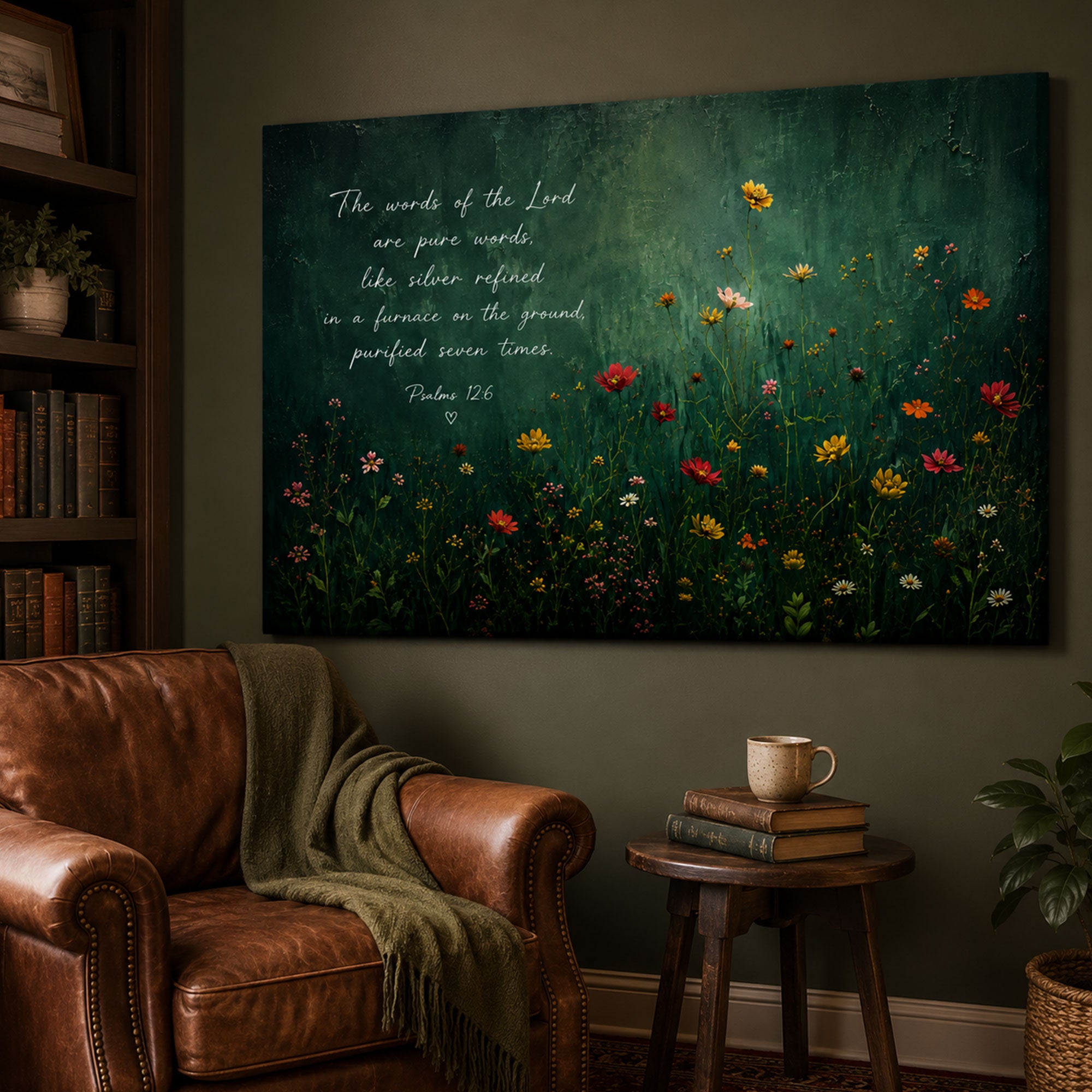 The Words of the Lord Psalm 12:6 Canvas Print, Christian Scripture Wall Art, Dark Green Floral Faith Home Decor