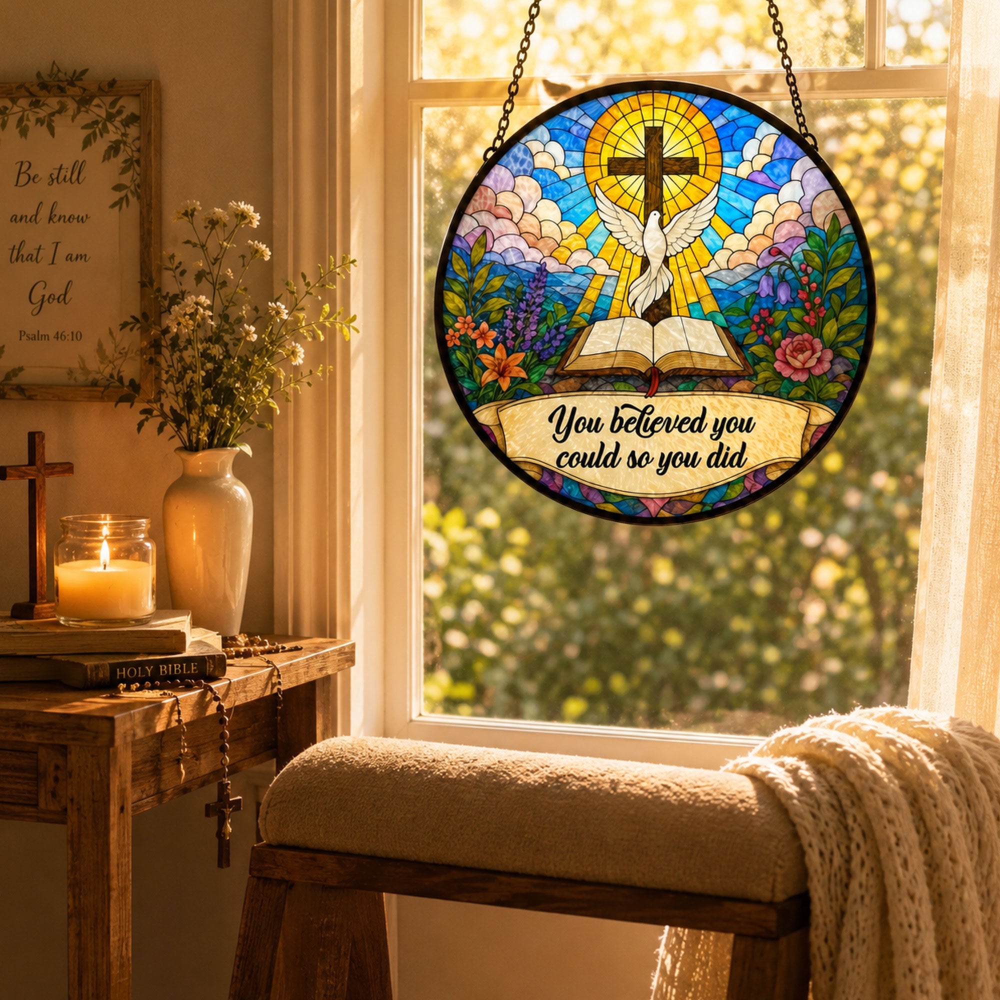 You Believed You Could So You Did Suncatcher, Christian Cross and Dove Window Hanging, Inspirational Faith Gift