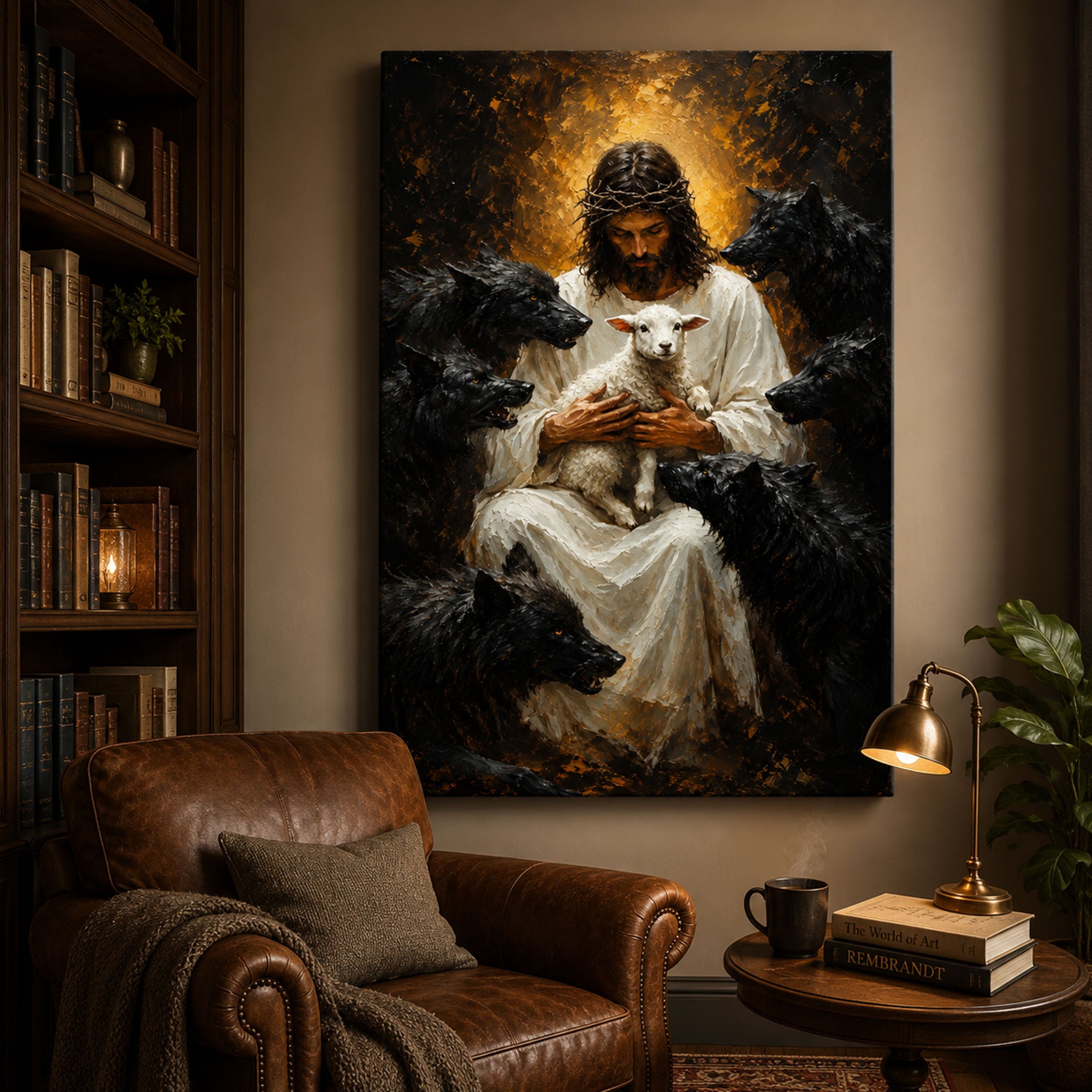 Jesus Protecting the Lamb Canvas Print, Good Shepherd with Wolves Christian Wall Art, Faith Home Decor