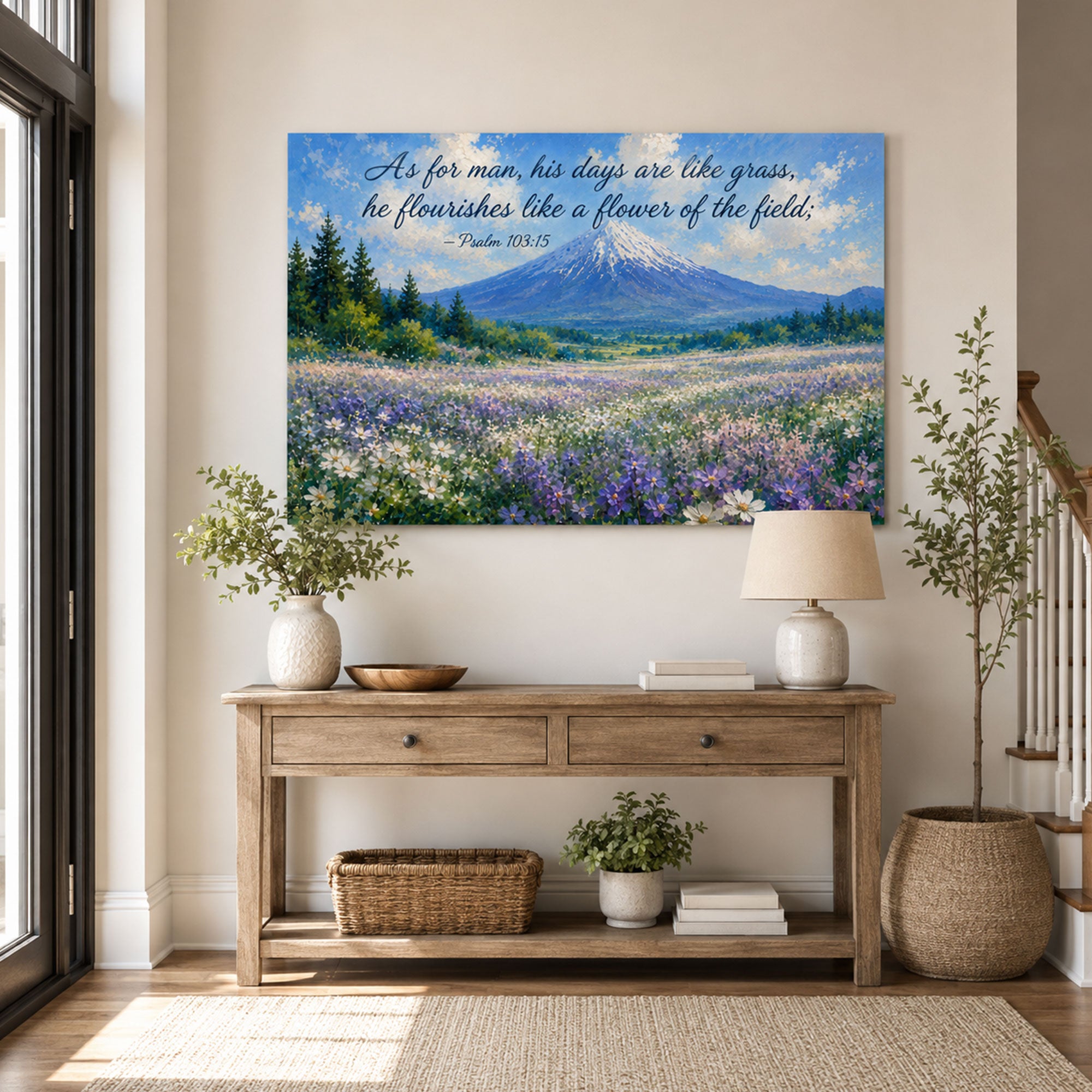 Psalm 103:15 Canvas Print, Mount Fuji Wildflower Bible Verse, Christian Wall Decor