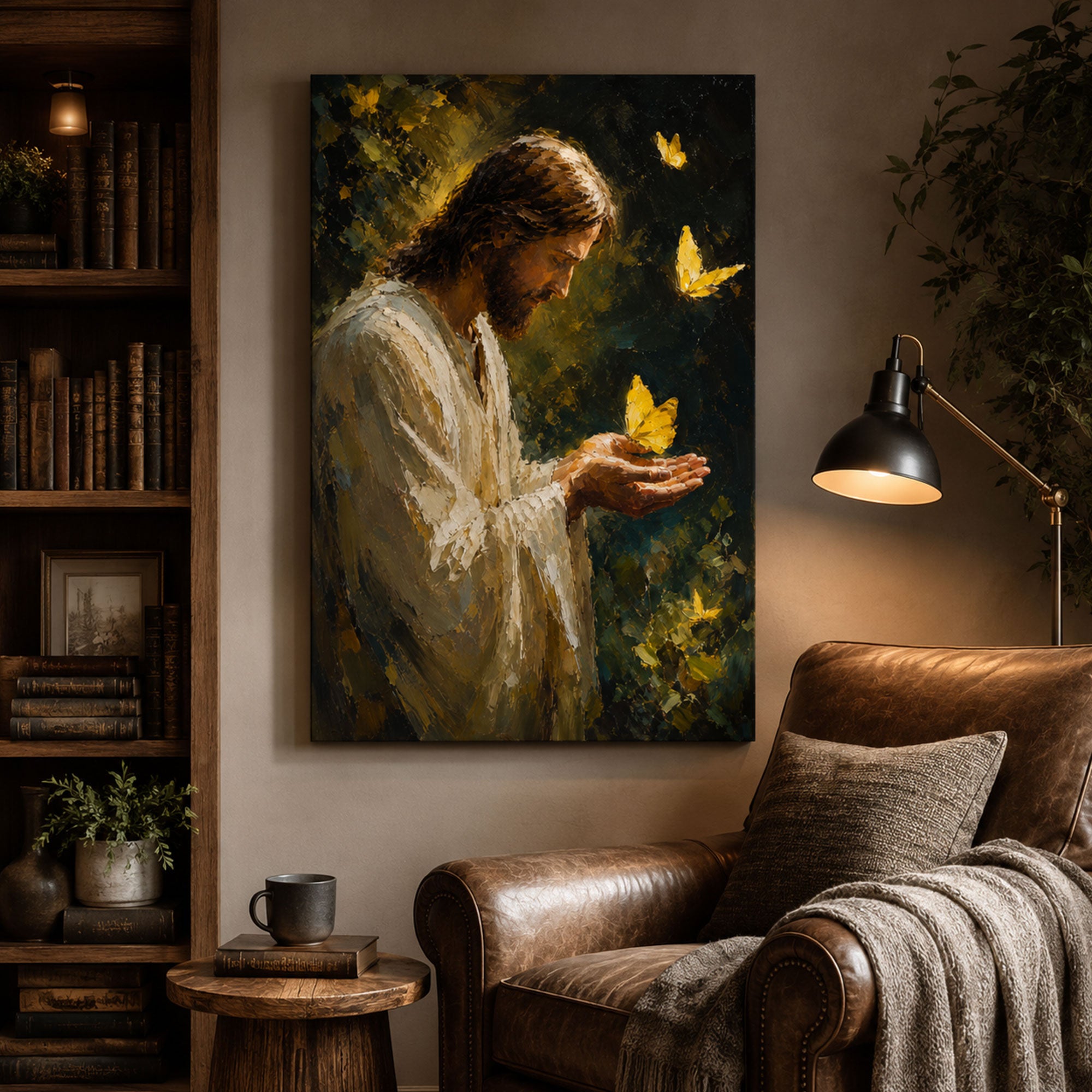 Jesus with Butterfly Canvas Print, Gentle Christian Wall Art, Hope and Peace Faith Home Decor
