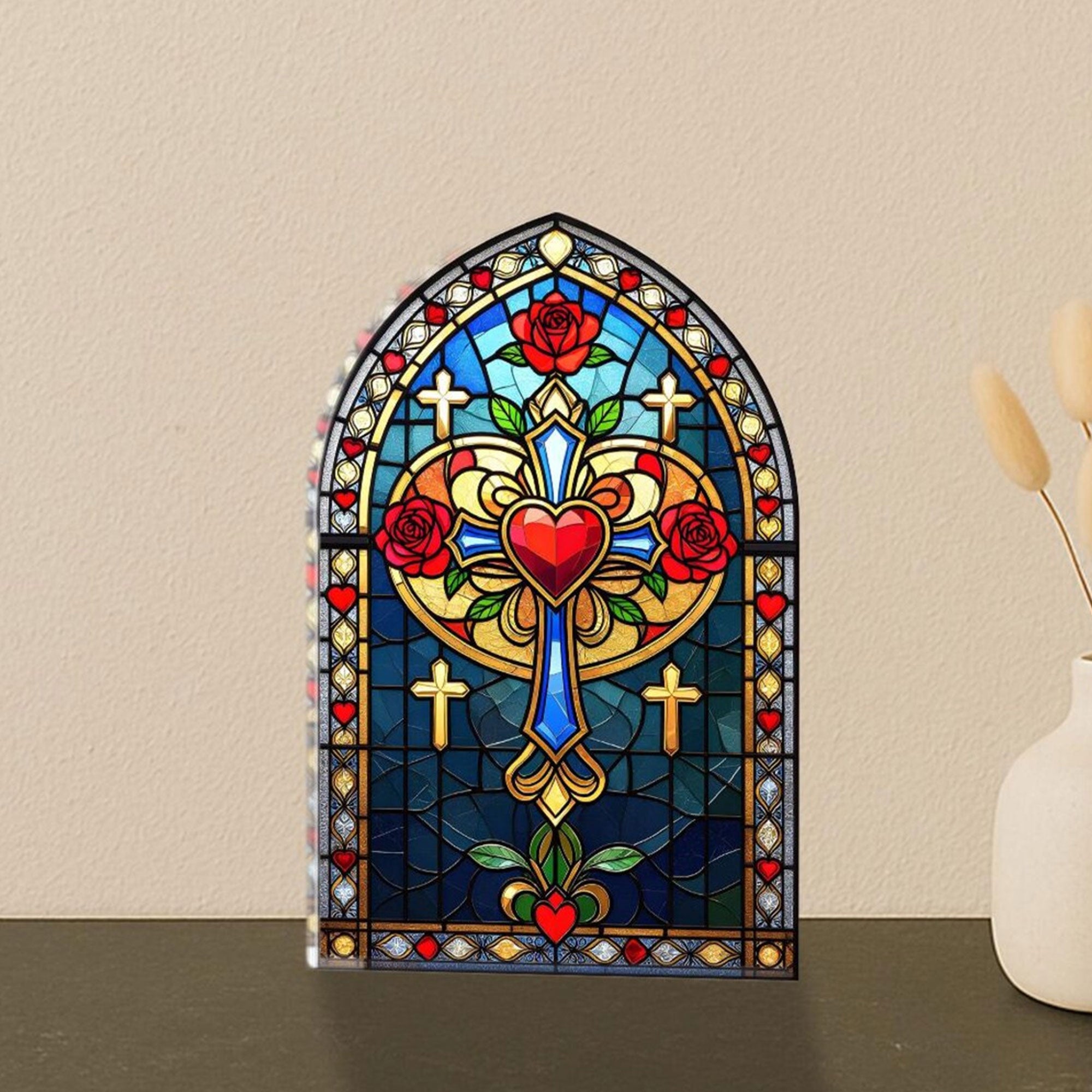 Sacred Heart Cross Acrylic Block, Stained Glass Christian Table Decor, Catholic Faith Gift, Single-Sided 2D Religious Display