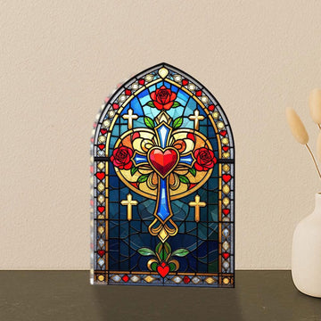 Sacred Heart Cross Acrylic Block, Stained Glass Christian Table Decor, Catholic Faith Gift, Single-Sided 2D Religious Display