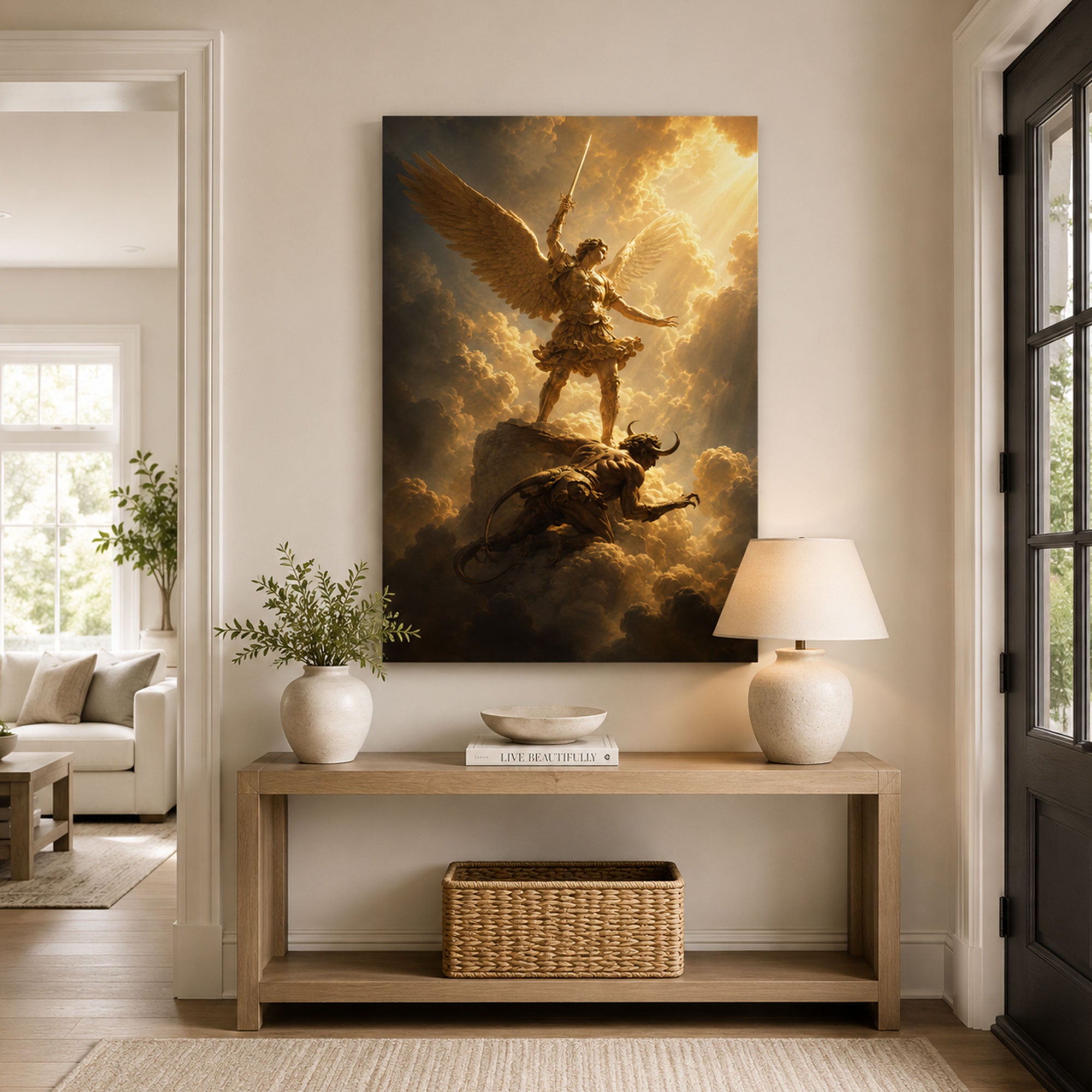 Saint Michael Defeating Satan Canvas Print, Catholic Protection Wall Decor, Christian Faith Gift