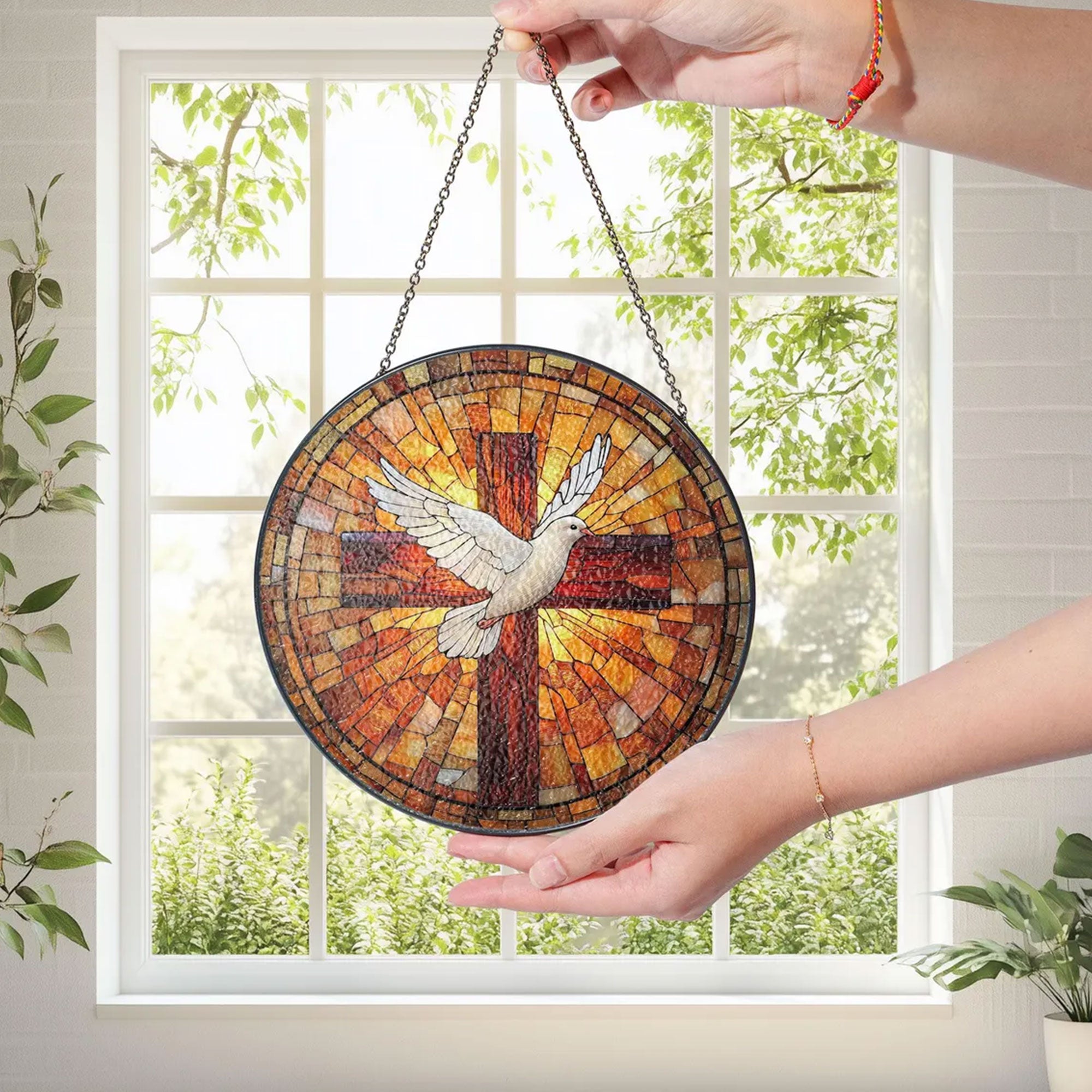 Holy Spirit Cross and Dove Stained Glass Suncatcher, Christian Window Hanging Decor, Religious Faith Gift