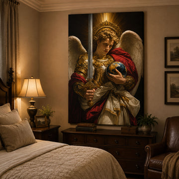 Saint Michael with Globe and Sword Canvas Print, Catholic Archangel Wall Art, Faith Home Decor Gift