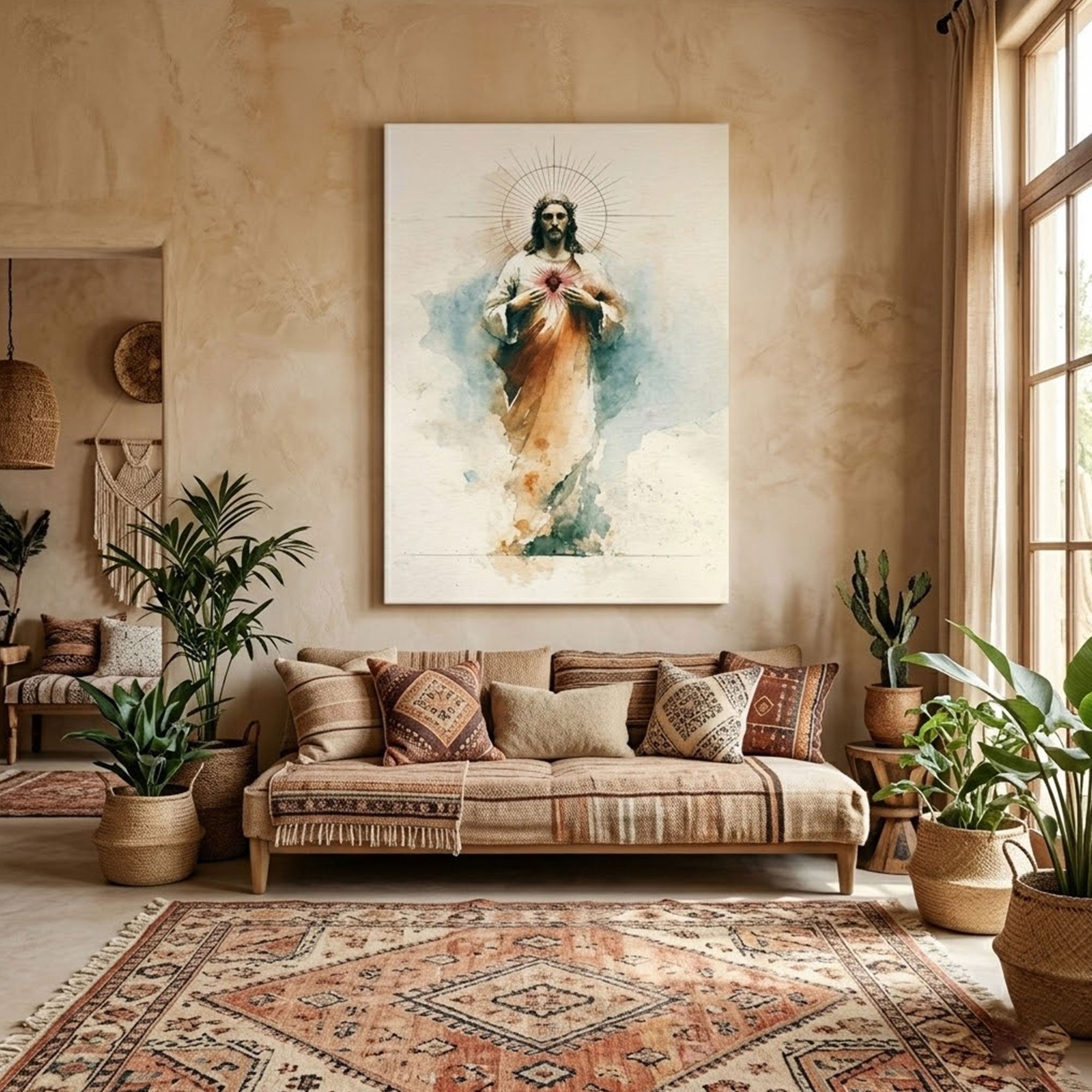 Sacred Heart of Jesus Watercolor Canvas Print, Christian Catholic Wall Art, Devotional Faith Home Decor