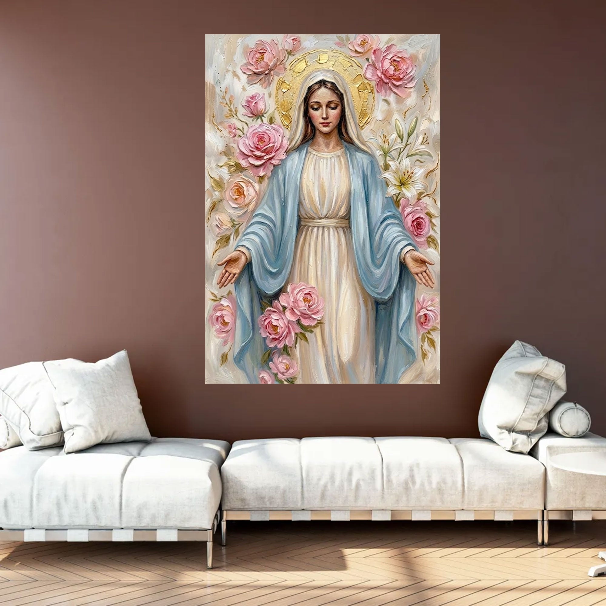 Virgin Mary of Gentle Grace Canvas Print, Soft Floral Madonna Wall Art, A Symbol of Love, Peace, and Divine Comfort