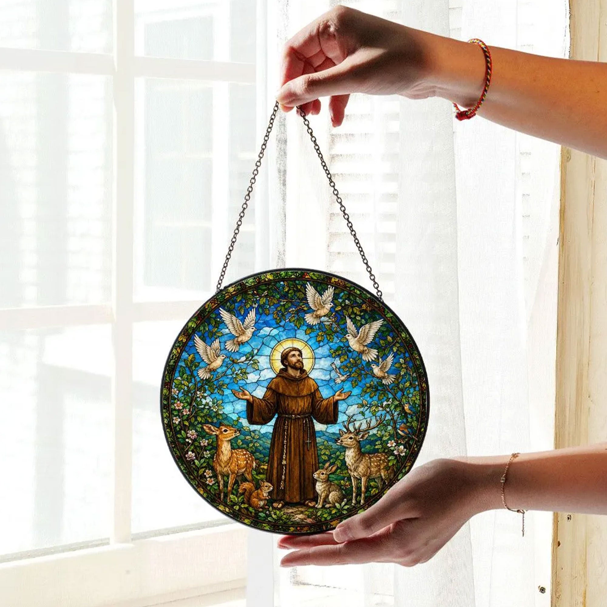 Saint Francis of Assisi Stained Glass Suncatcher, Patron Saint of Animals Catholic Window Hanging, Christian Faith Decor Gift