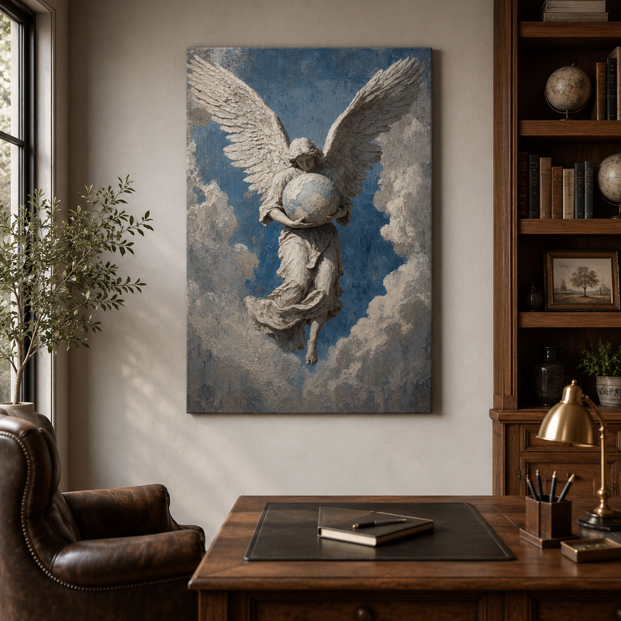 Heavenly Angel Holding the World Canvas Print, Christian Angel Wall Art, Faith Home Decor Gift