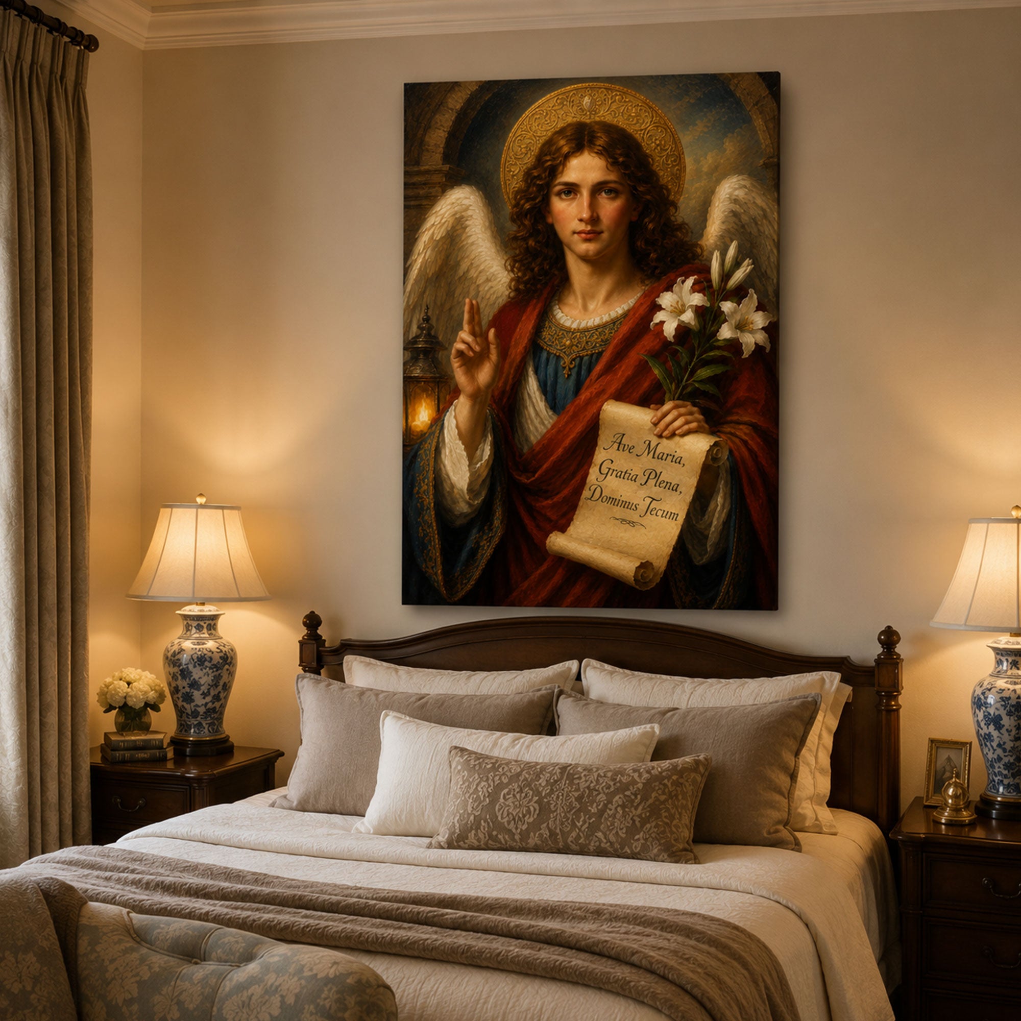 Archangel Gabriel Ave Maria Canvas Print, Catholic Angel Wall Art, Faith Home Decor Gift