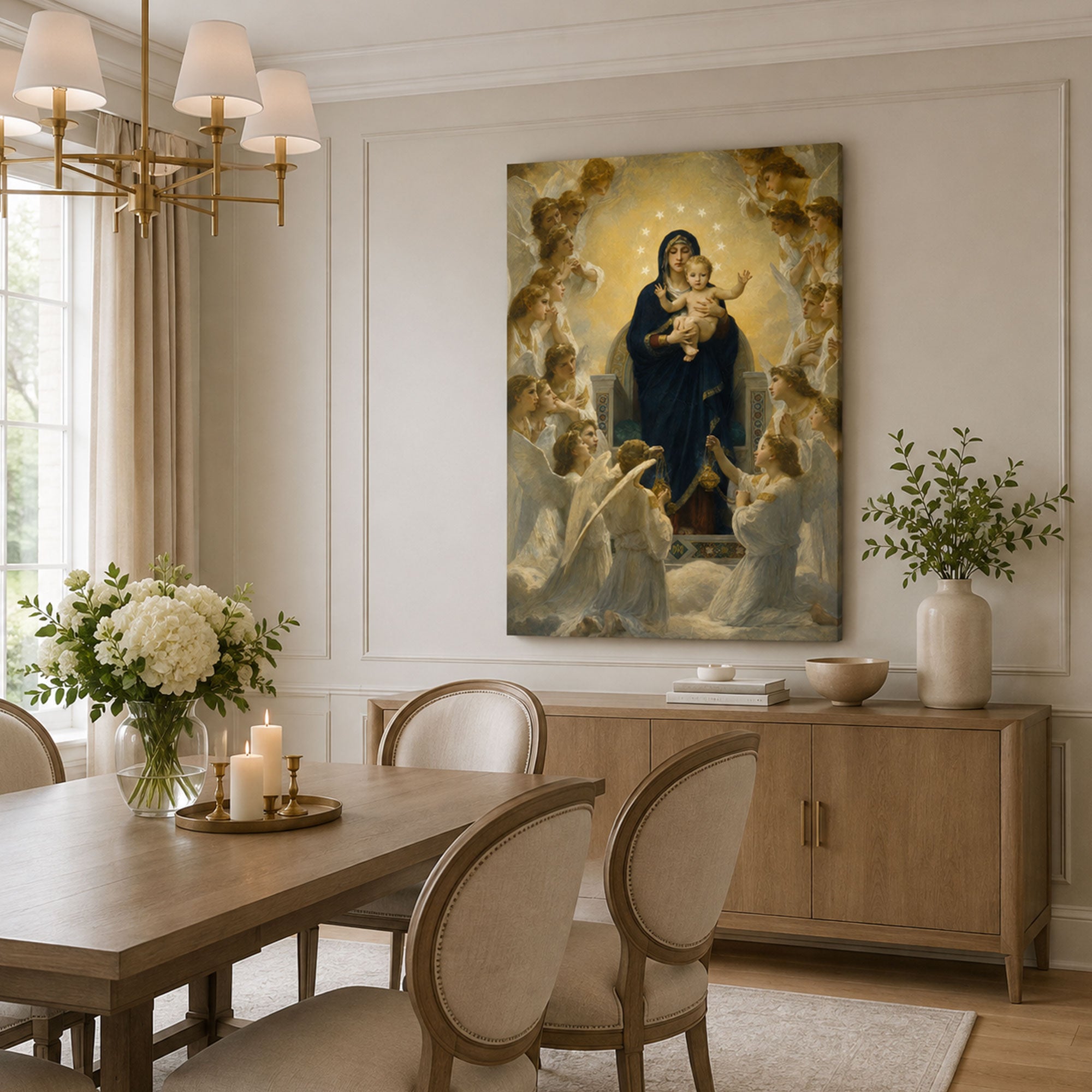 Our Lady Queen of Angels Canvas Print, Virgin Mary and Child Jesus Catholic Wall Decor, Marian Faith Gift