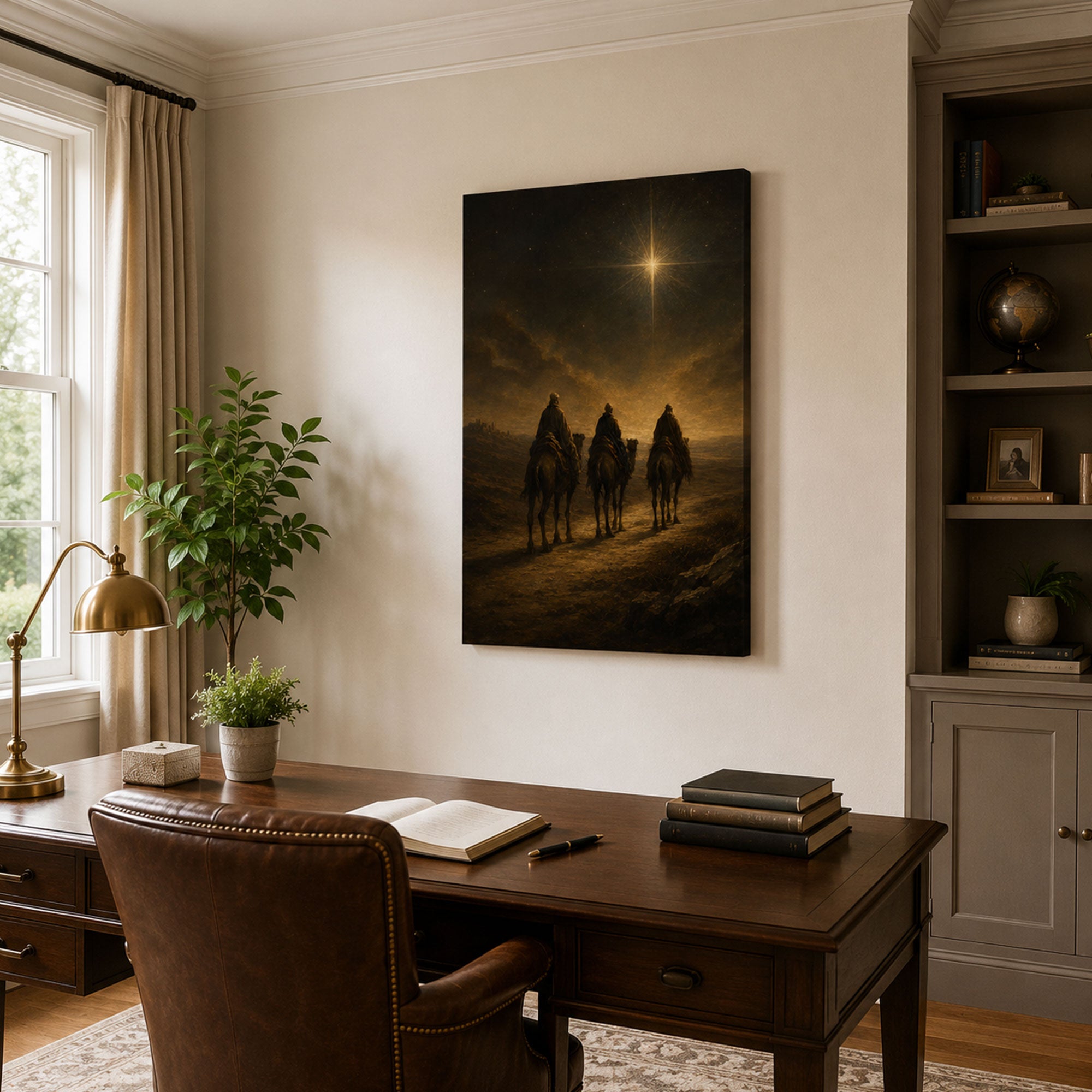 Three Wise Men Beneath the Bethlehem Star Canvas Print, Dark Gold Christian Decor