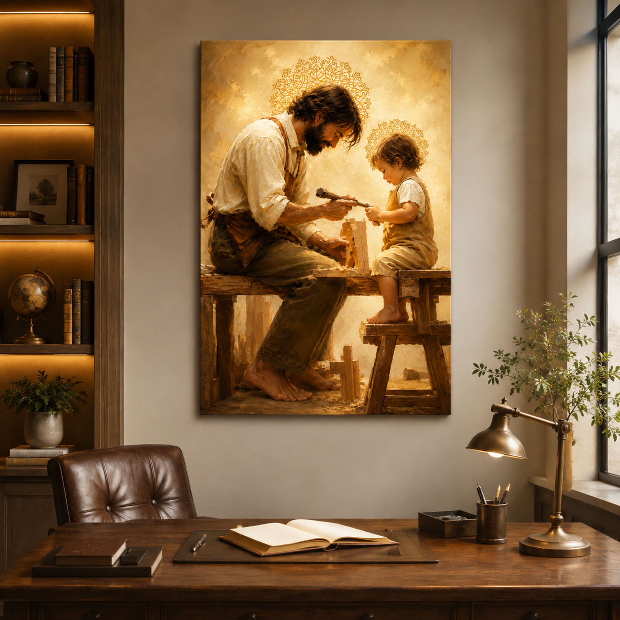 Saint Joseph Teaching Child Jesus Canvas Print, Catholic Wall Art, Fatherly Love Home Decor