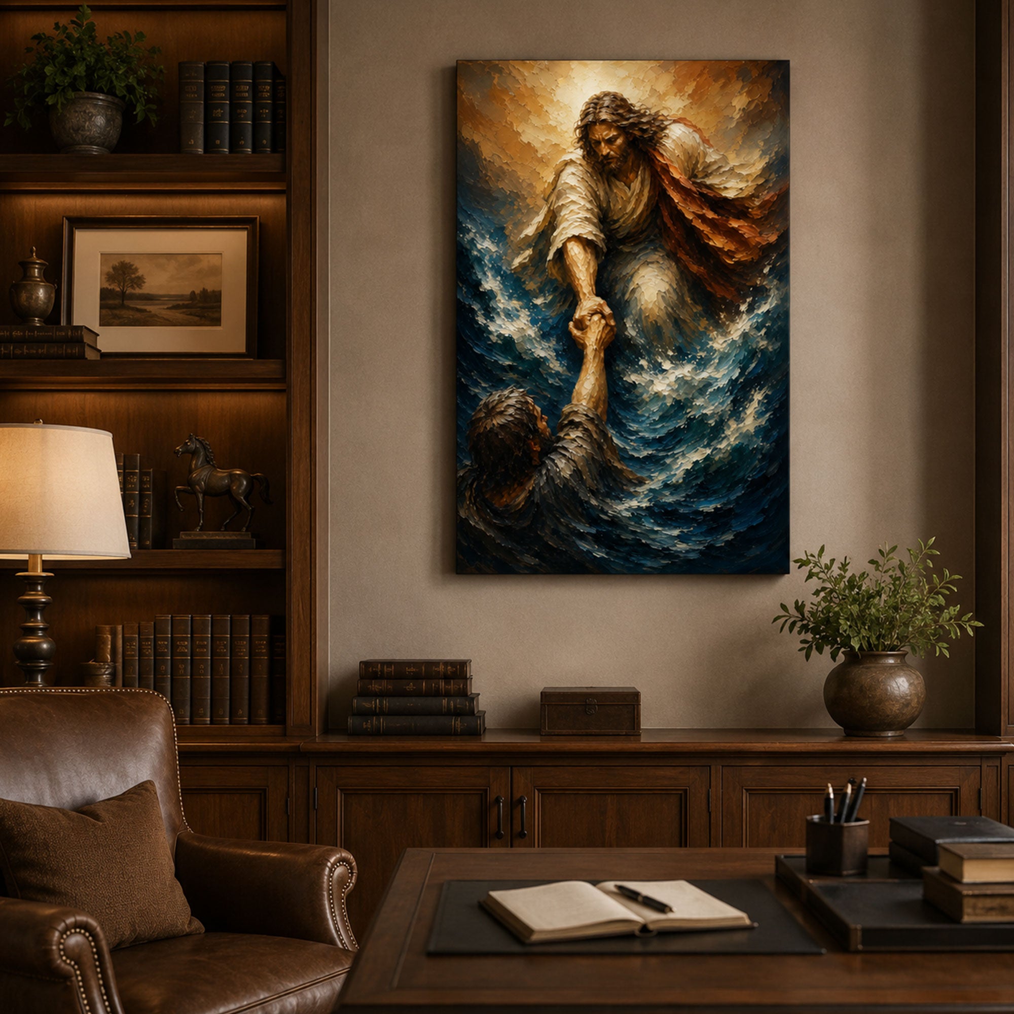 Jesus Saving Peter Canvas Print, Walking on Water Christian Wall Art, Faith Home Decor Gift