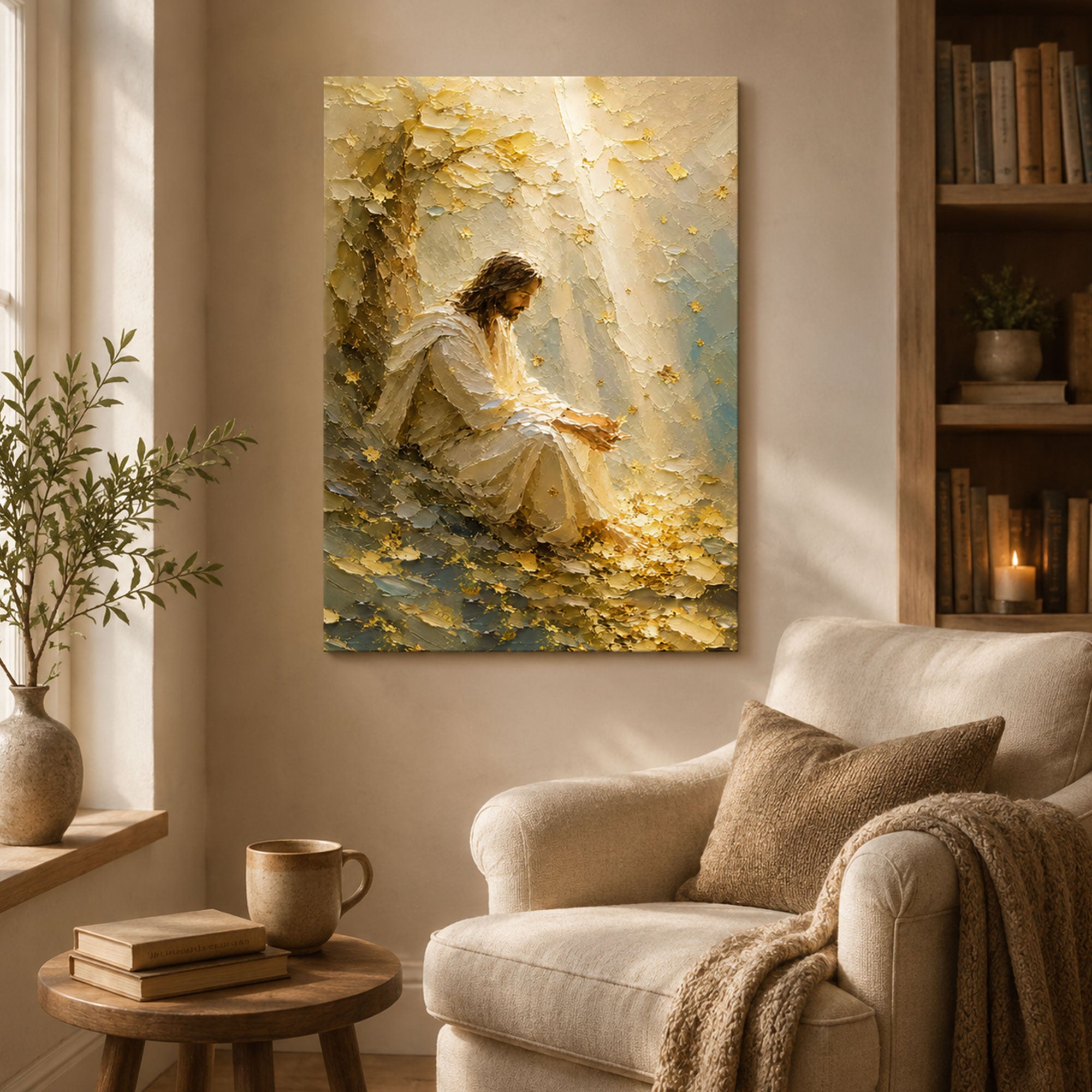 Jesus in Quiet Reflection Canvas Print, Peaceful Christian Wall Art, Soft Neutral Faith Home Decor