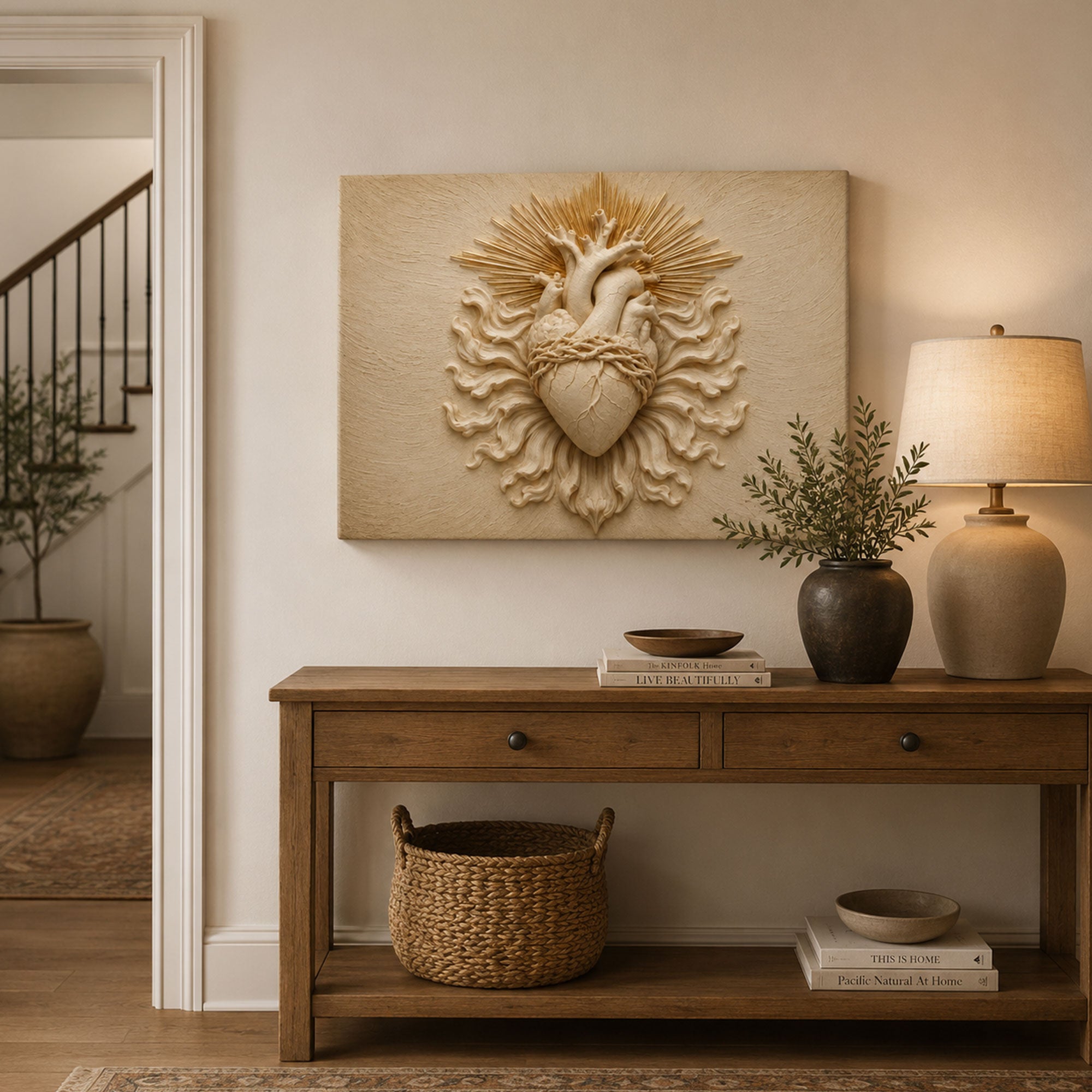 Sacred Heart of Jesus Panoramic Canvas Print, White Gold Catholic Wall Art, Faith Home Decor Gift