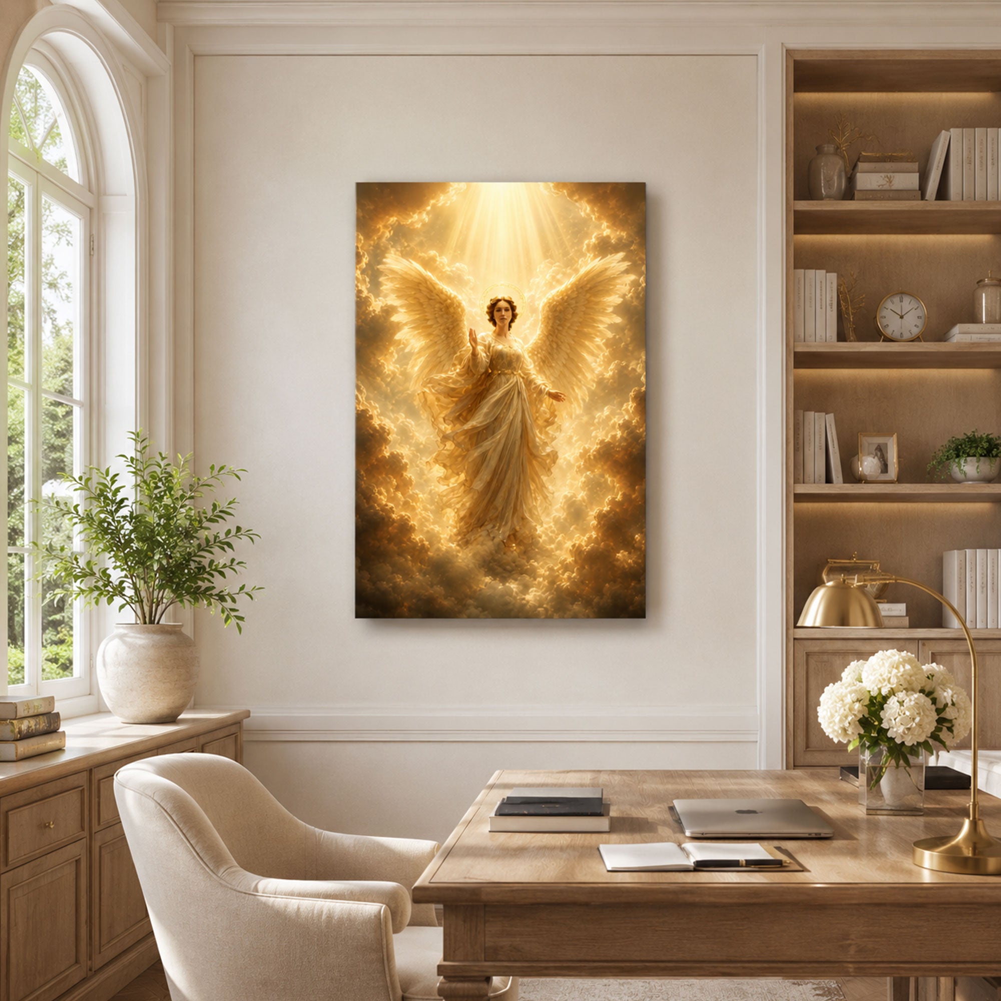 Heavenly Angel Canvas Print, Golden Light Christian Wall Art, Celestial Faith Home Decor Gift