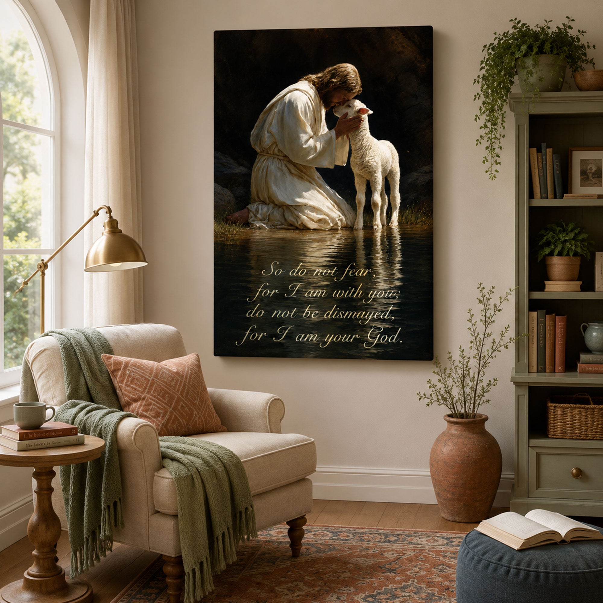 Jesus and Lamb Canvas Print, Good Shepherd Christian Wall Art, Peaceful Faith Home Decor