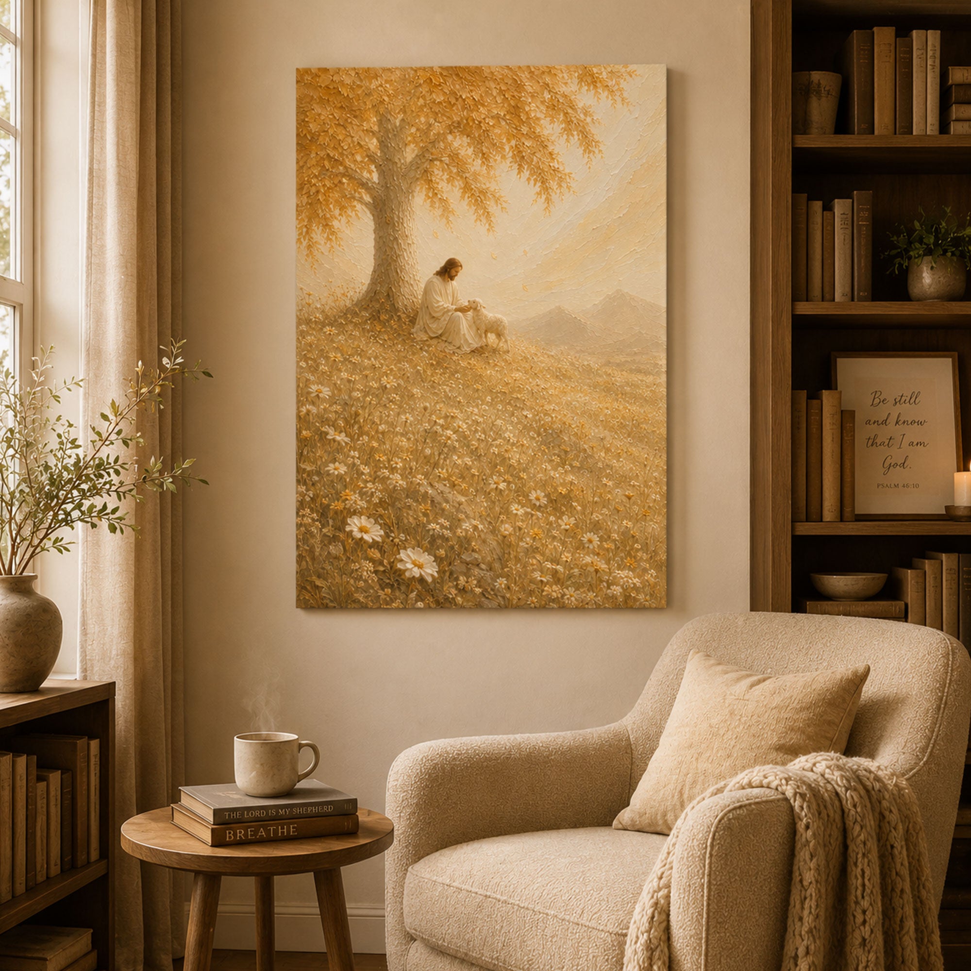Good Shepherd Jesus with Lamb Canvas Print, Golden Meadow Christian Wall Art, Peaceful Faith Home Decor