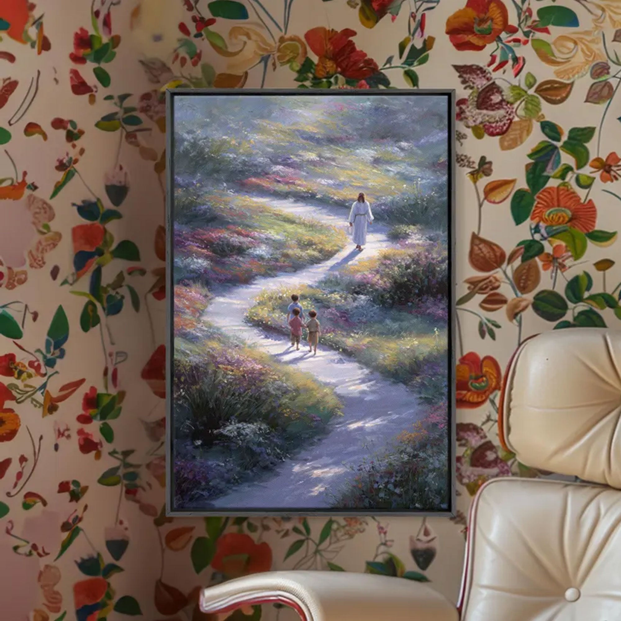 Path Of Peace Framed Canvas Print, Christian Wall Art, Jesus Painting Pastoral Faith Home Decor