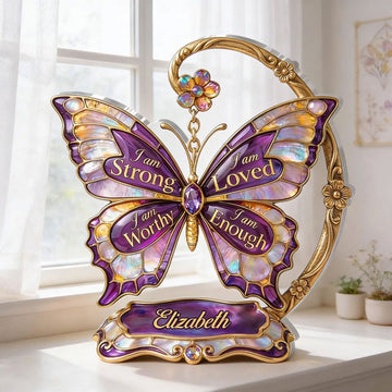 Personalized Butterfly Acrylic Desk Plaque, I Am Strong Loved Worthy Enough Christian Affirmation Gift
