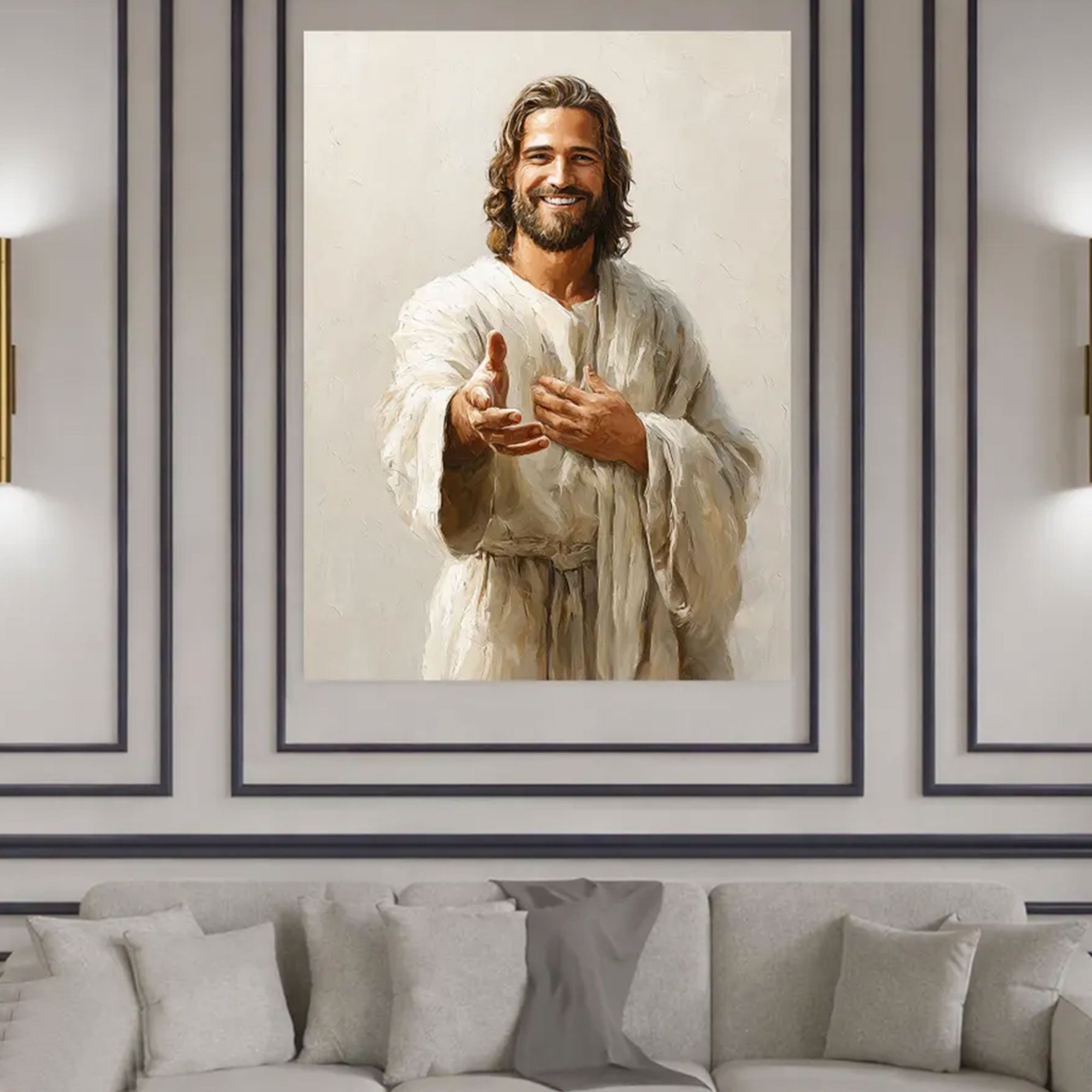 Smiling Jesus Canvas Print, Welcoming Faith Wall Art, Christian Religious Home Decor, Inspirational Gift