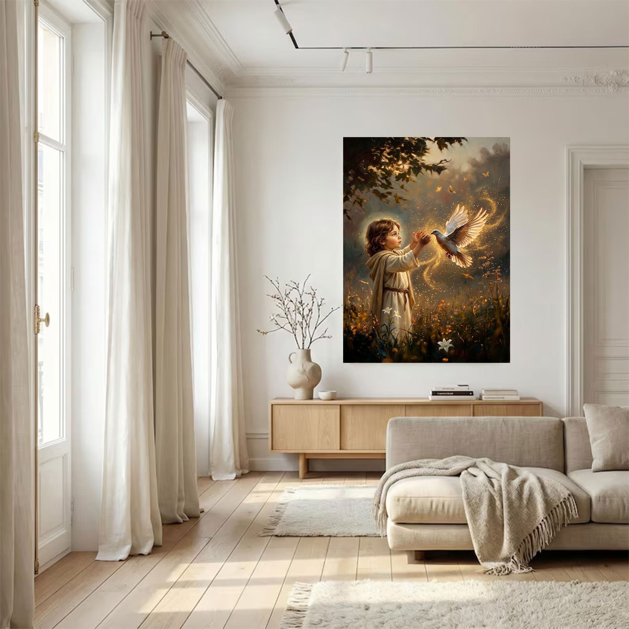 Child with Holy Spirit Dove Canvas Print, Christian Faith Wall Art, Symbol of Innocence and Divine Presence, Spiritual Light Decor, Inspirational Gift