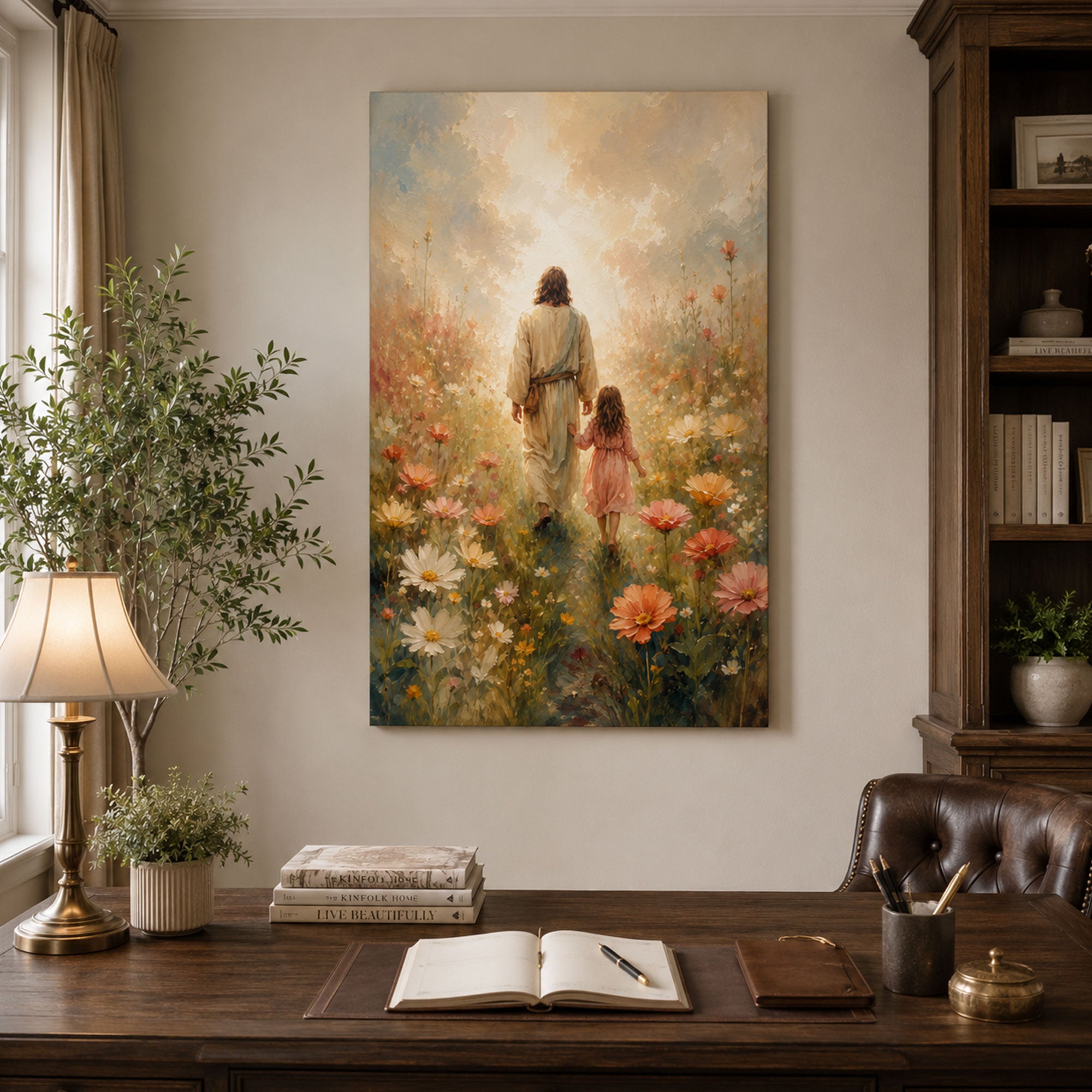 Jesus Walking with Little Girl Canvas Print, Christian Wall Art, Wildflower Faith Home Decor