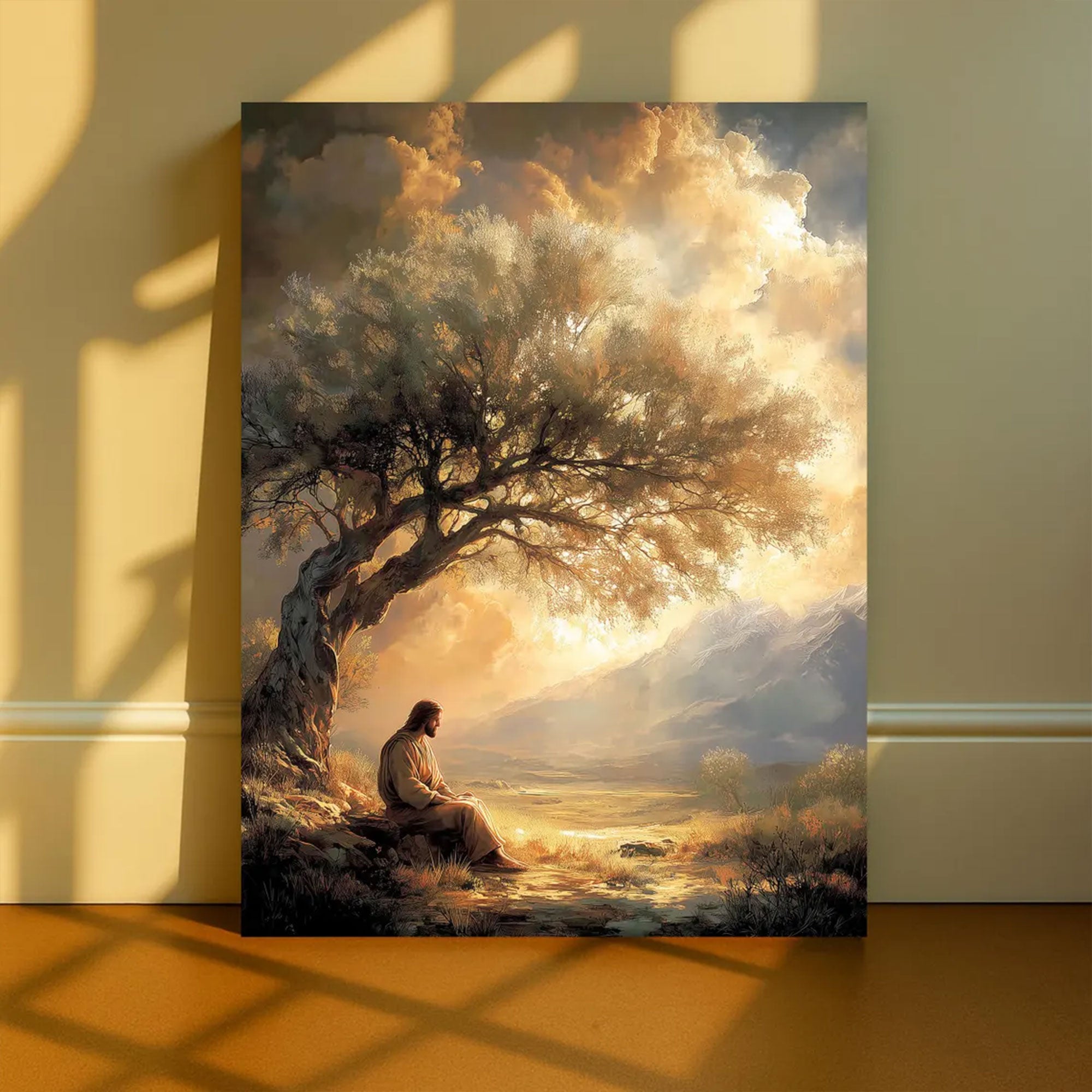 Jesus Praying Under Tree Canvas Wall Art, Christian Faith Landscape, Religious Home Decor