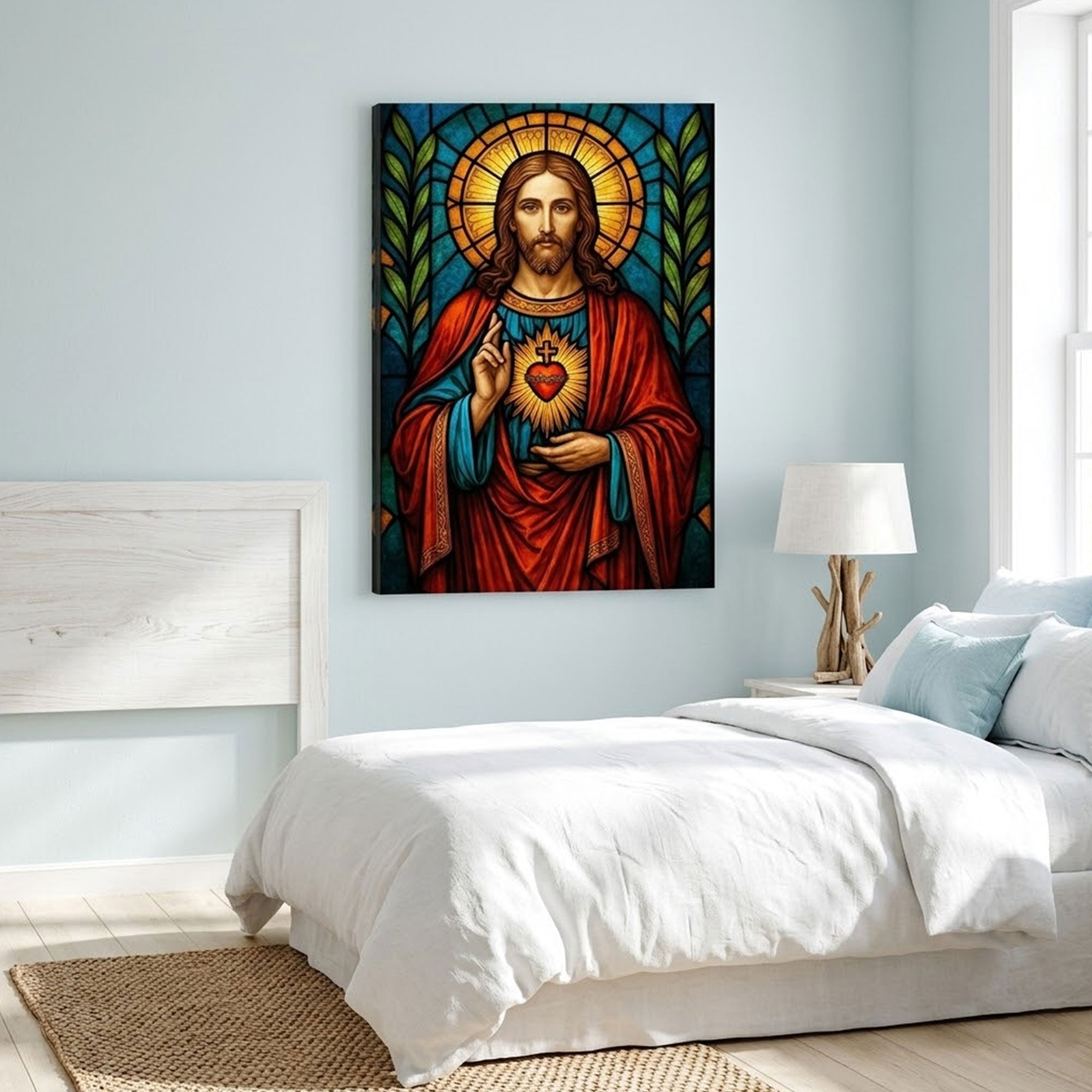 Sacred Heart of Jesus Canvas Print, Stained Glass Style Catholic Wall Art, Inspirational Faith Home Decor
