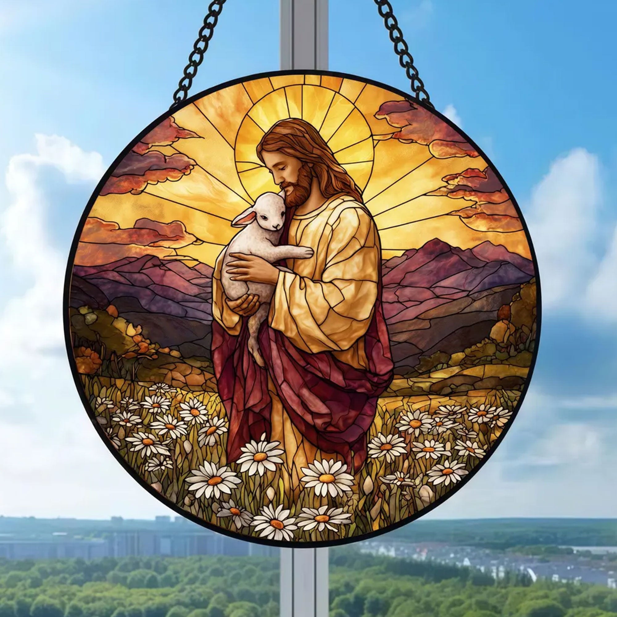 Jesus the Good Shepherd Suncatcher, Christ Holding Lamb Sunset Window Hanging, Christian Faith Gift
