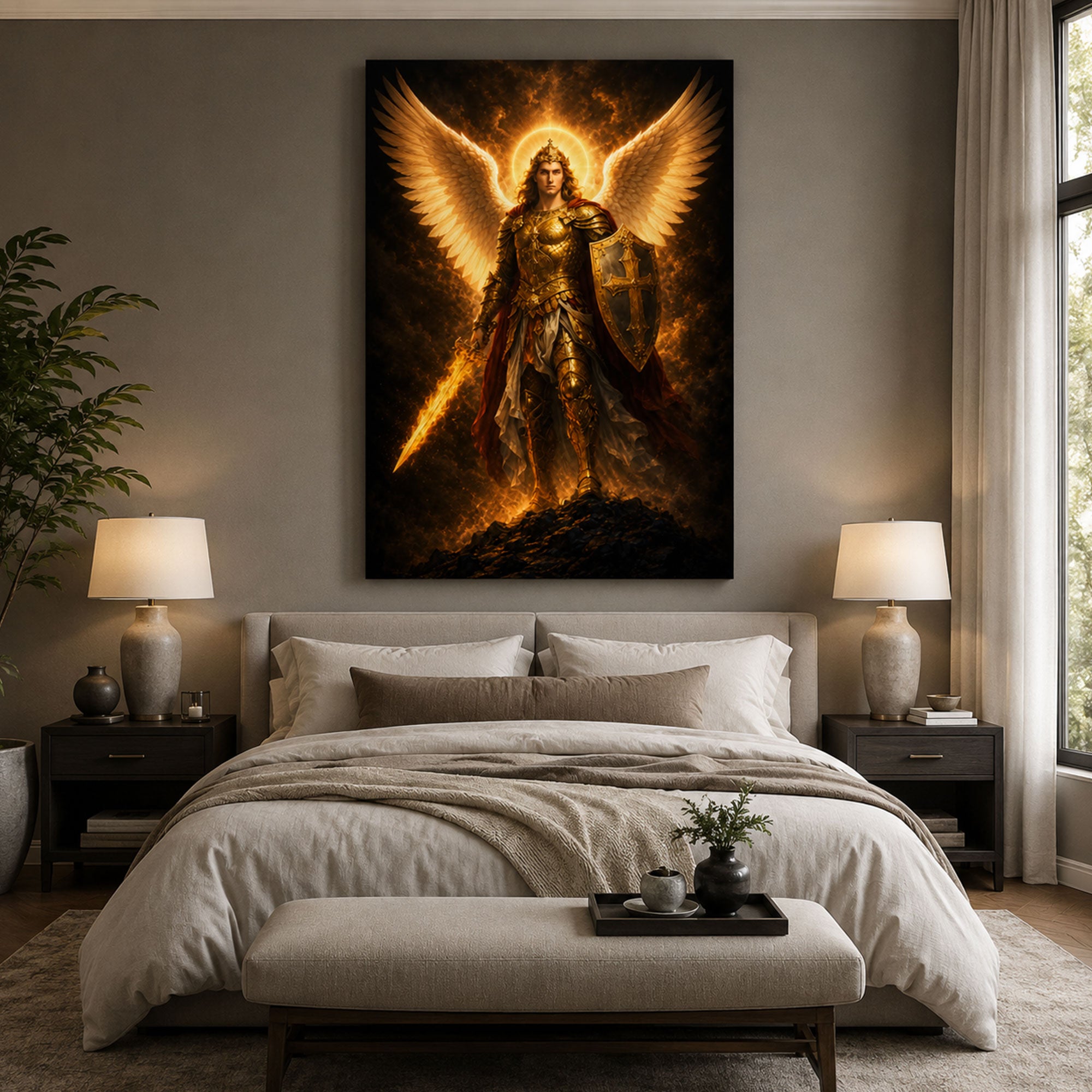 Saint Michael with Flaming Sword Canvas Print, Catholic Archangel Wall Art, Faith Home Decor Gift