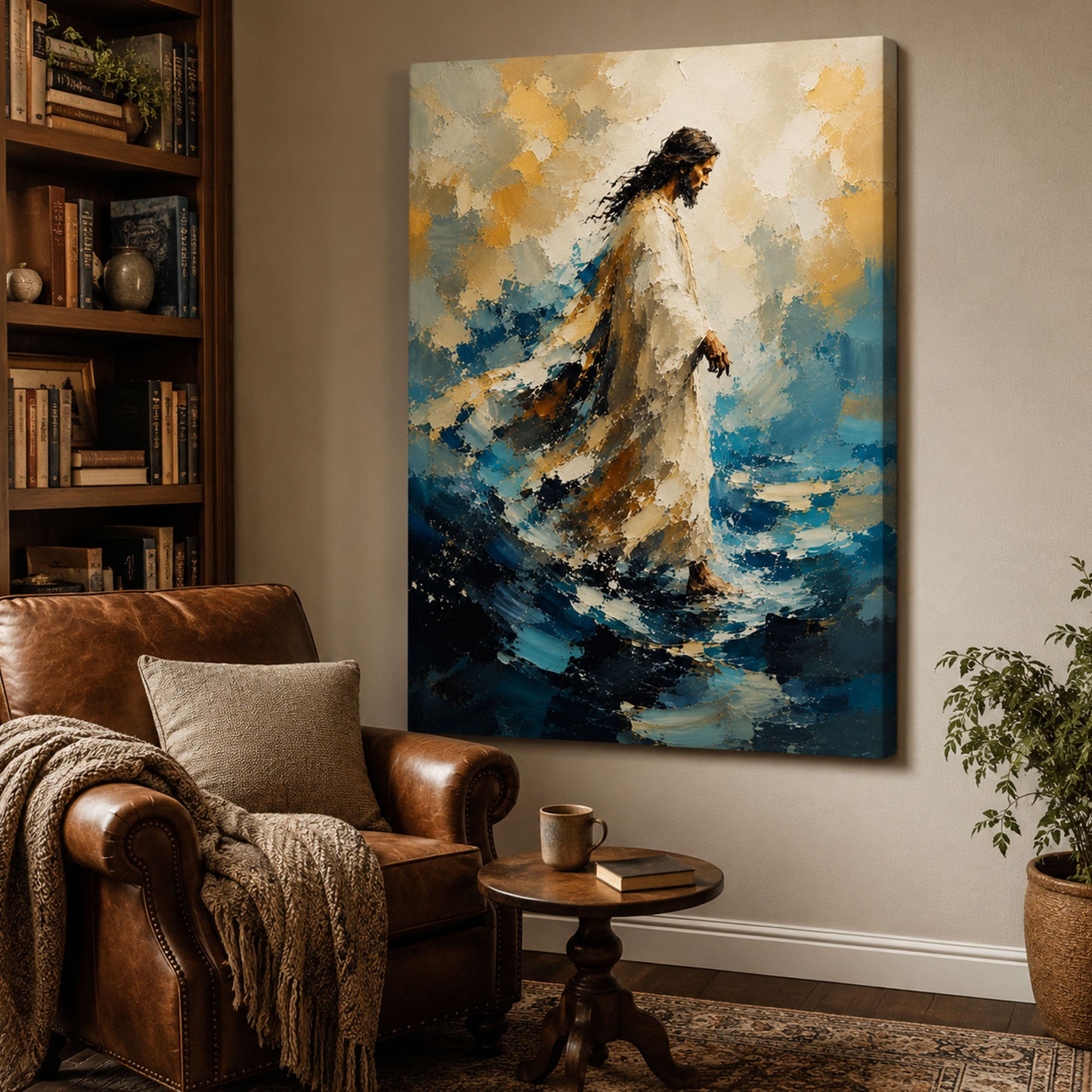 Jesus Walking on Water Canvas Print, Blue Christian Wall Art, Faith and Peace Home Decor